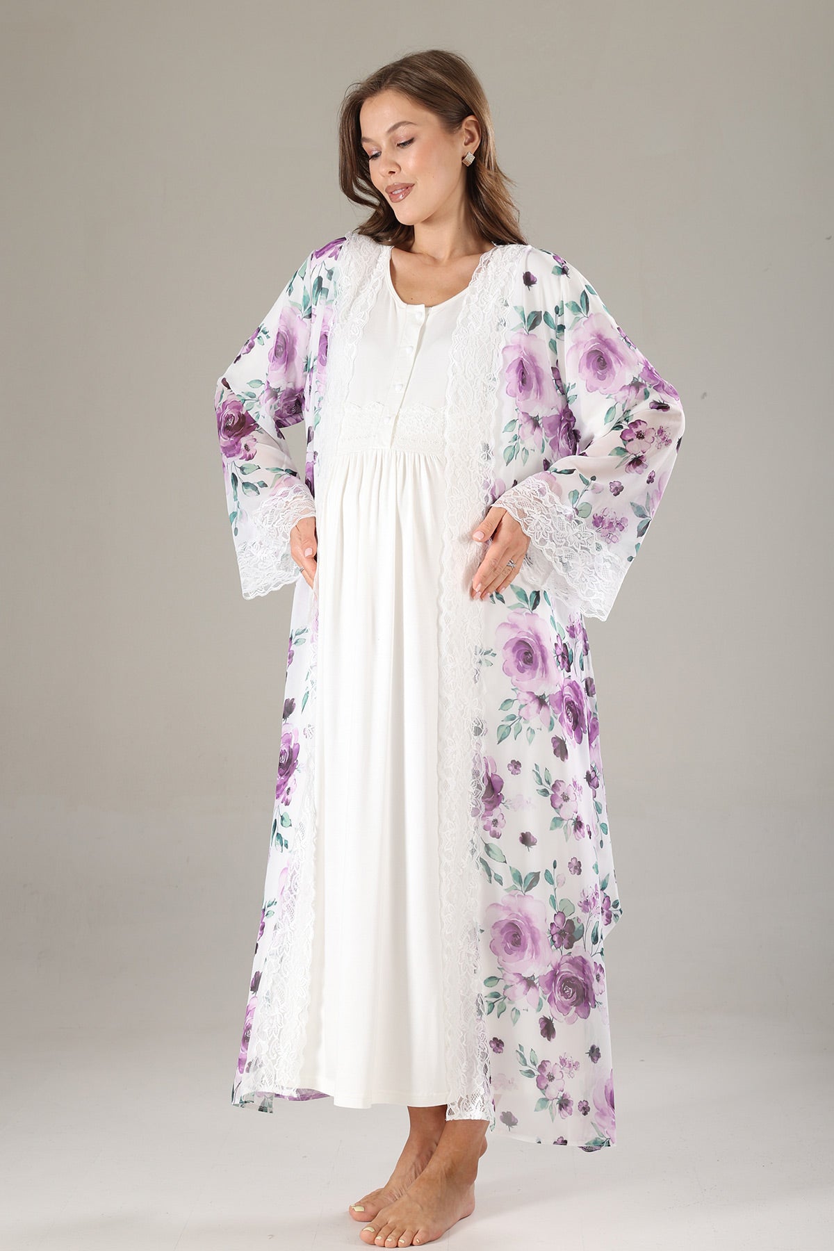 Lacy Maternity-Nursing Nightgown & Lacy Chiffon Robe Set Lilac - 814