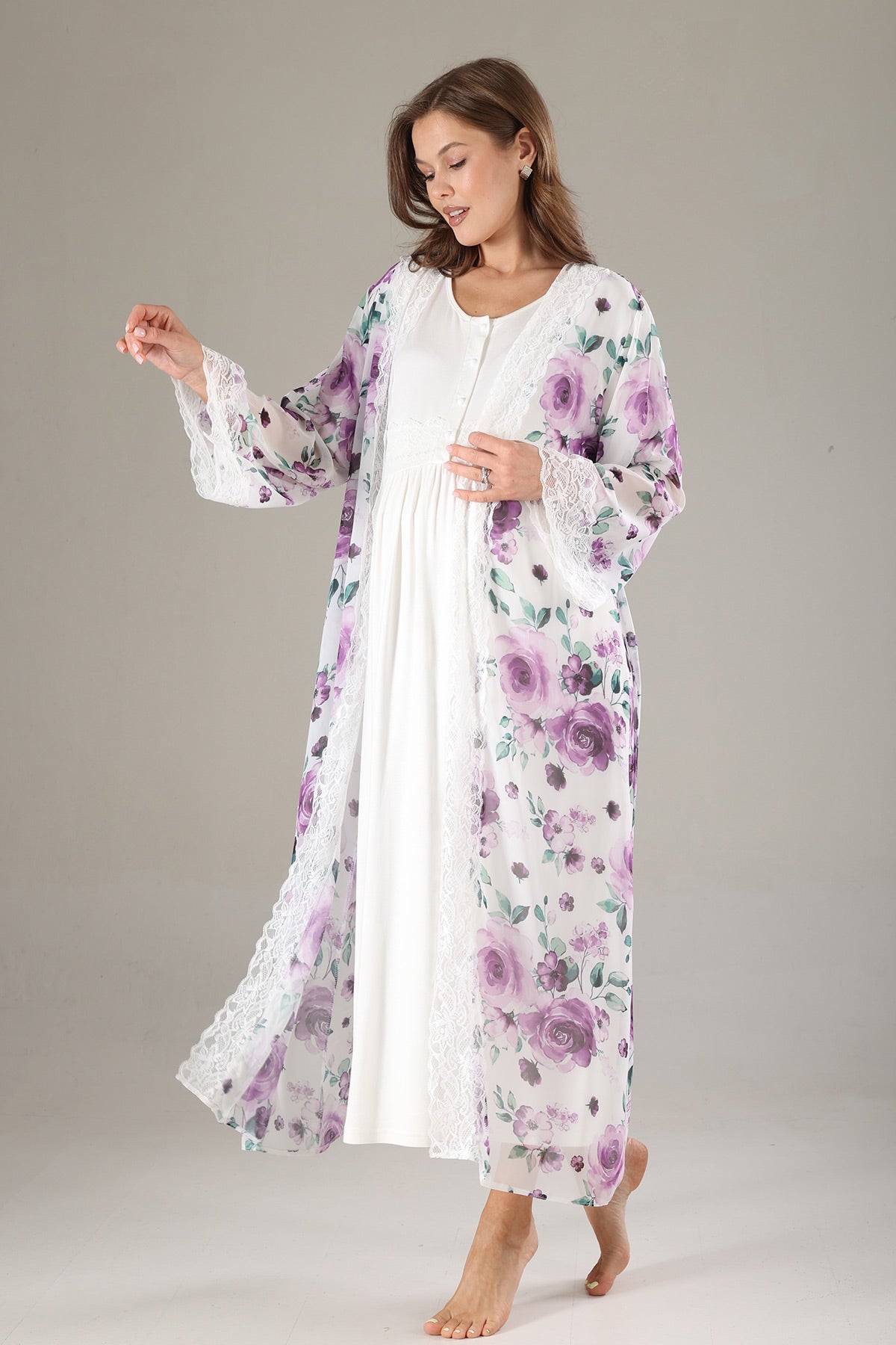 Lacy Maternity-Nursing Nightgown & Lacy Chiffon Robe Set Lilac - 814