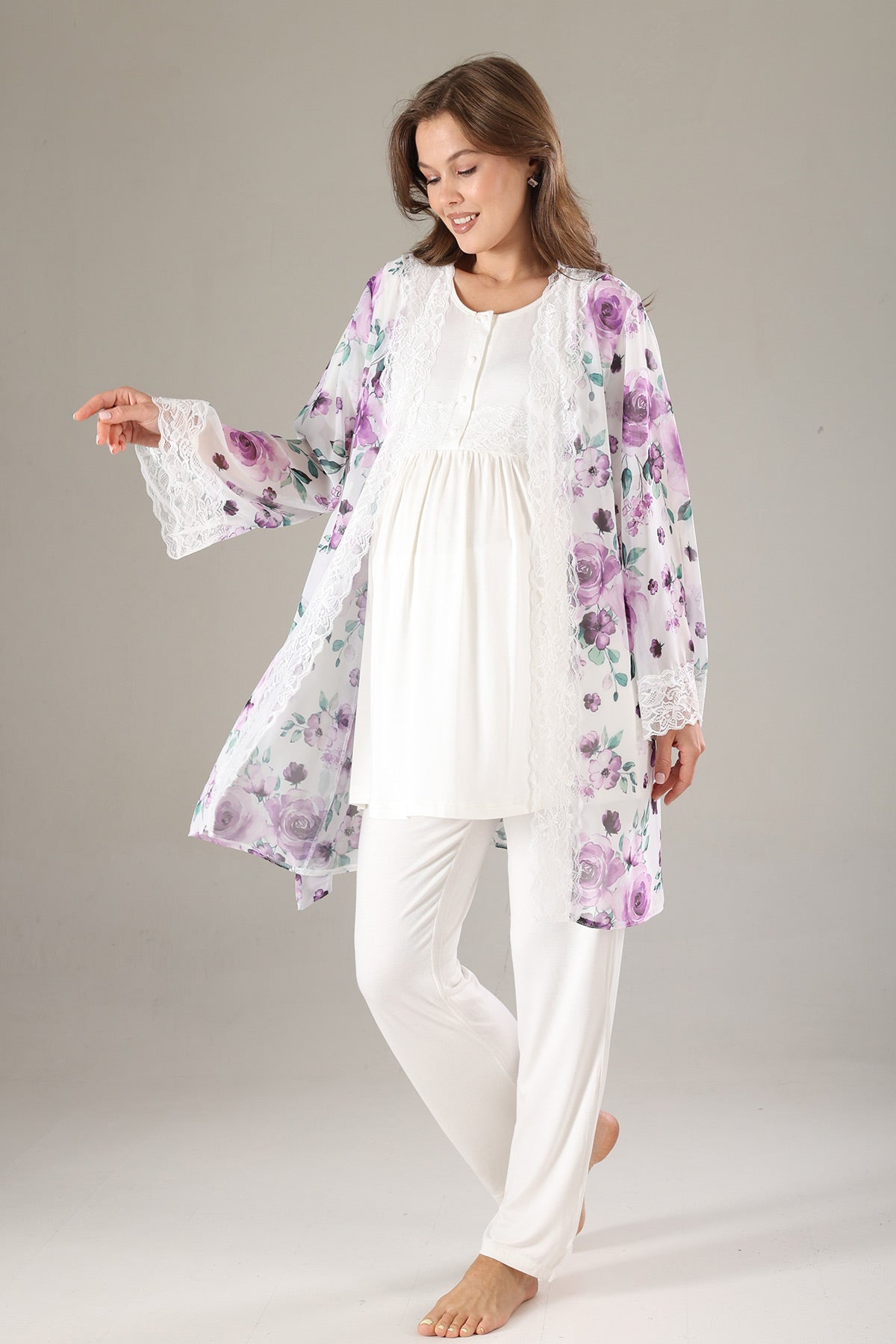 Lacy 3-Piece Maternity-Nursing Pajama & Lacy Chiffon Robe Set Lilac - 815