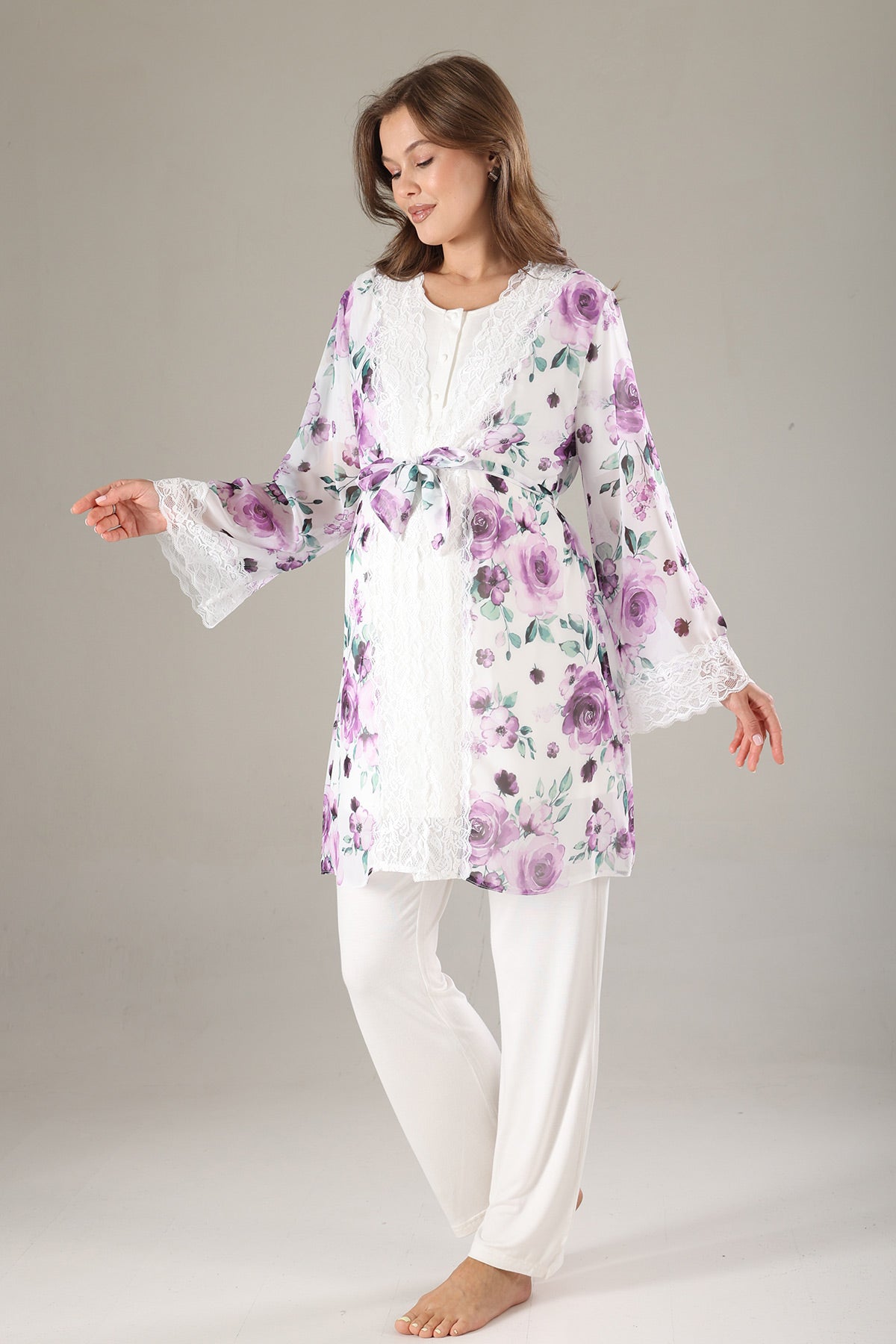 Lacy 3-Piece Maternity-Nursing Pajama & Lacy Chiffon Robe Set Lilac - 815