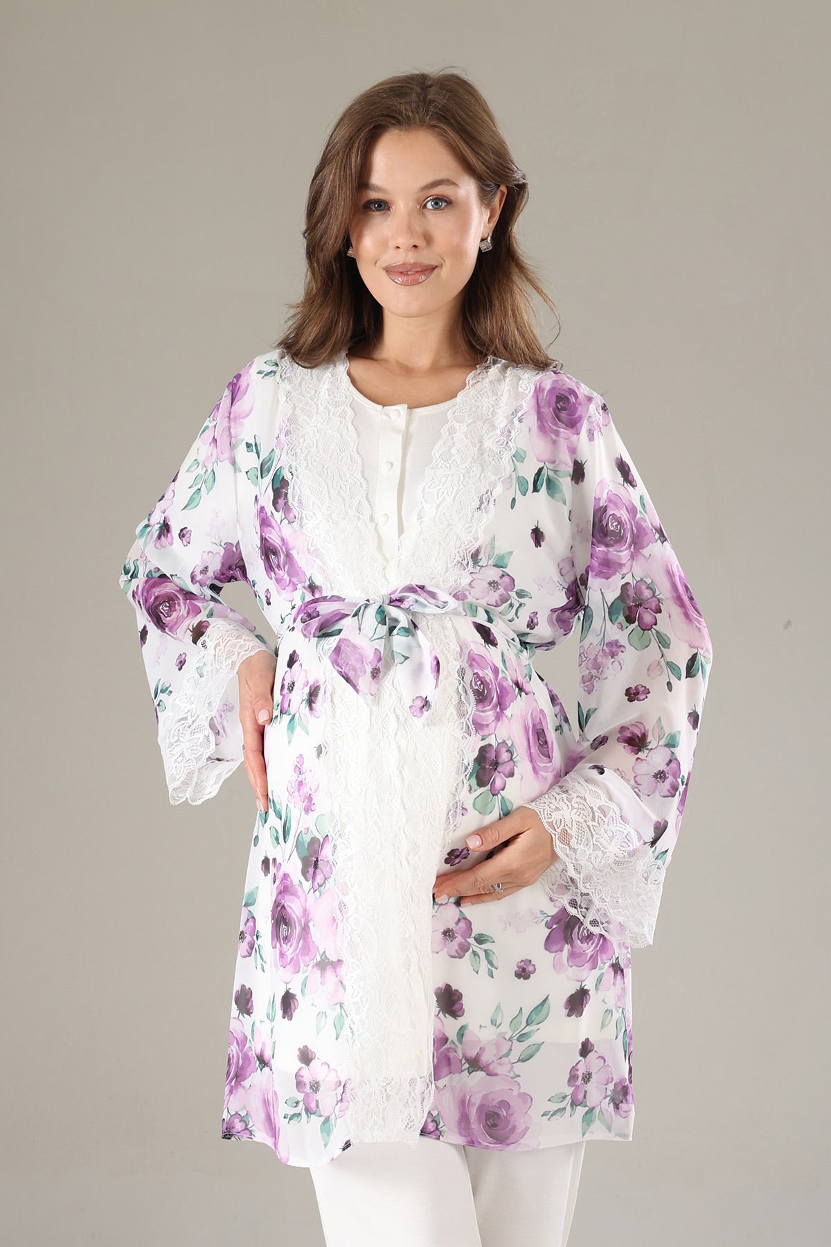 Lacy 3-Piece Maternity-Nursing Pajama & Lacy Chiffon Robe Set Lilac - 815