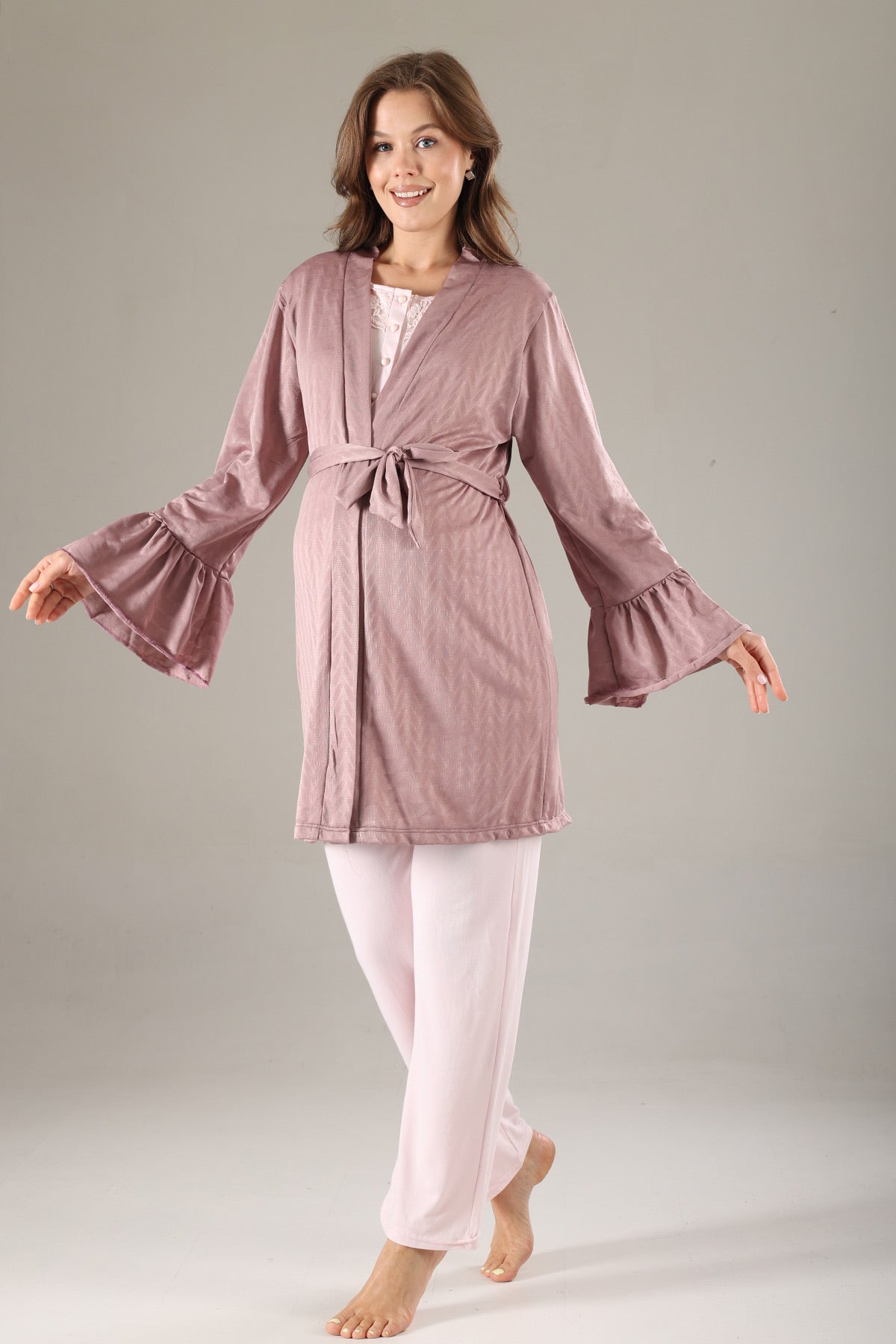 Lace Collar 3-Piece Maternity-Nursing Pajama & Jacquard Robe Set Dried Rose - 817