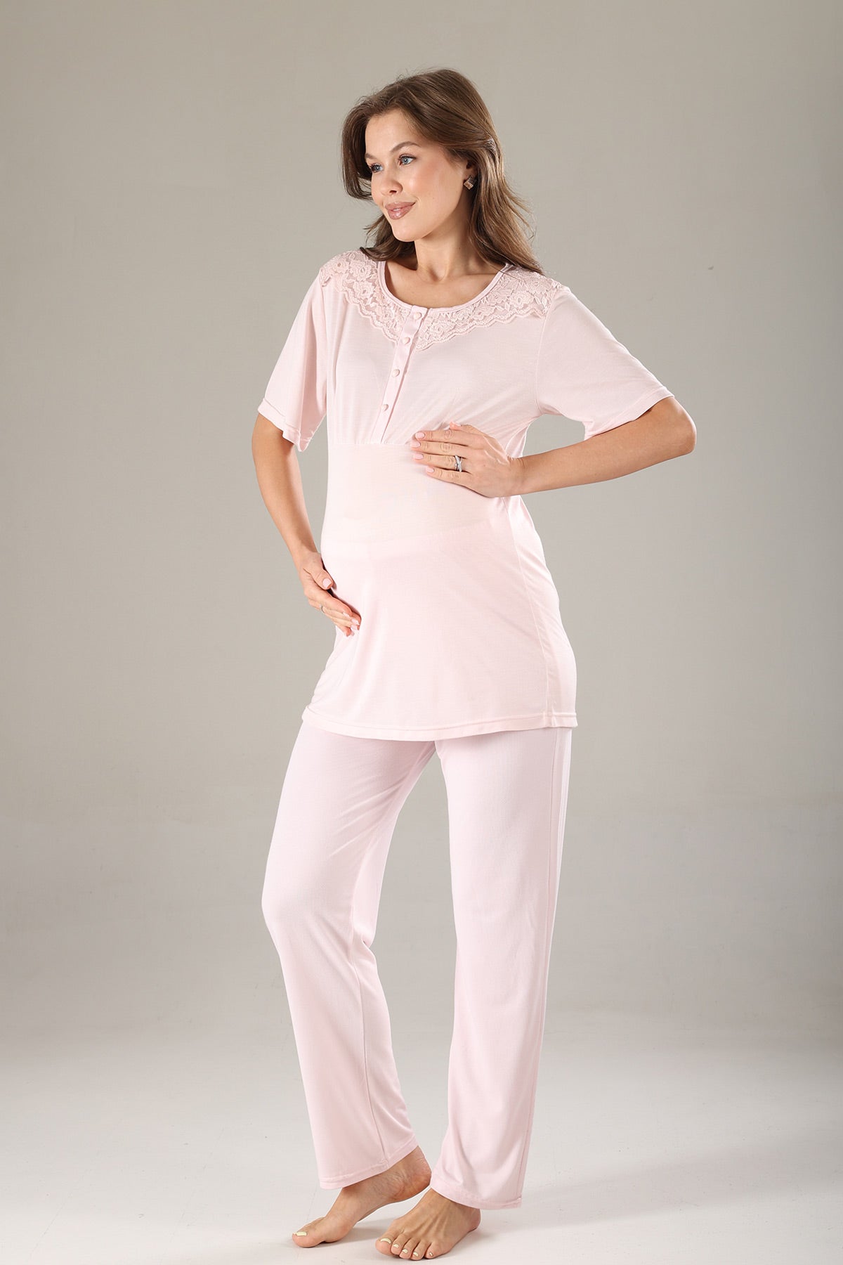 Lace Collar 3-Piece Maternity-Nursing Pajama & Jacquard Robe Set Dried Rose - 817