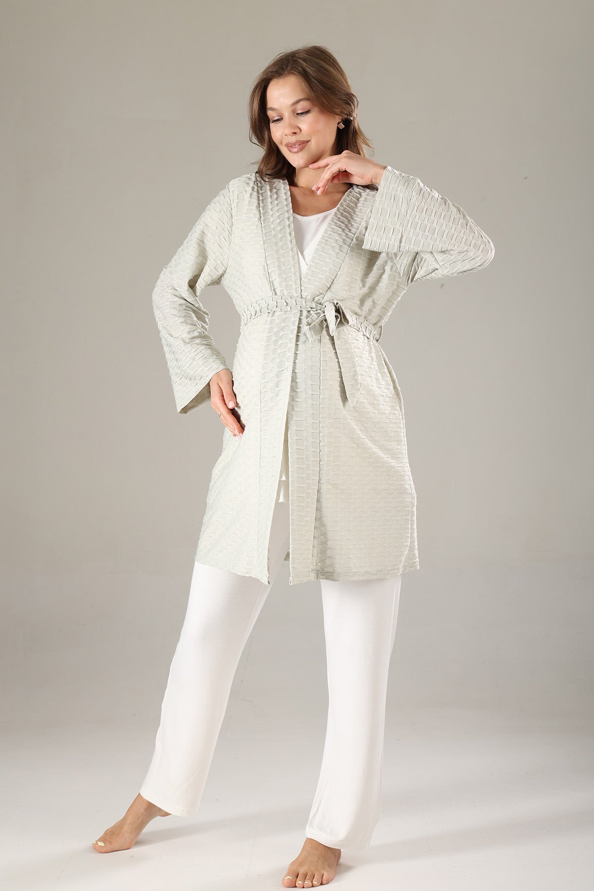 Pleated 3-Piece Maternity-Nursing Pajama & Jacquard Robe Set Green - 819