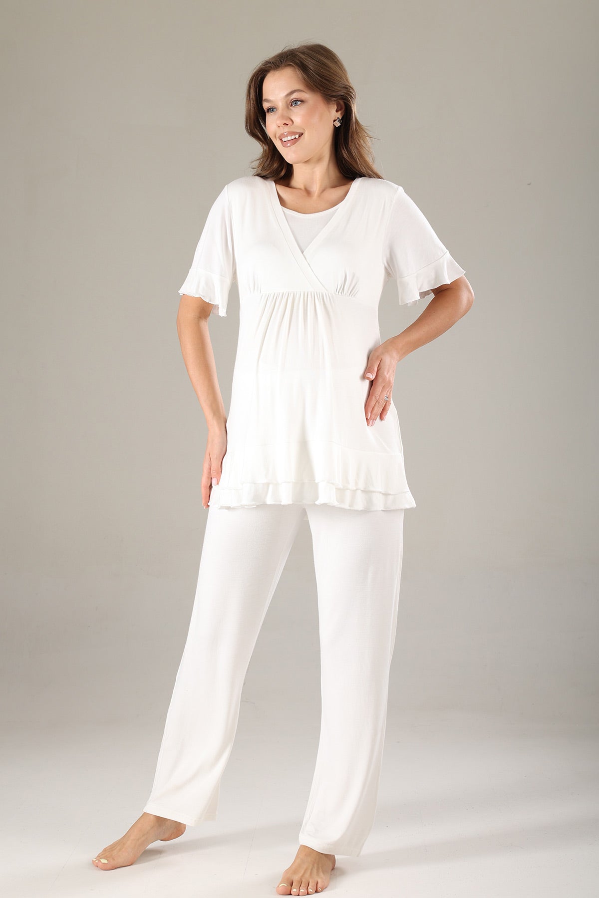 Pleated 3-Piece Maternity-Nursing Pajama & Jacquard Robe Set Green - 819