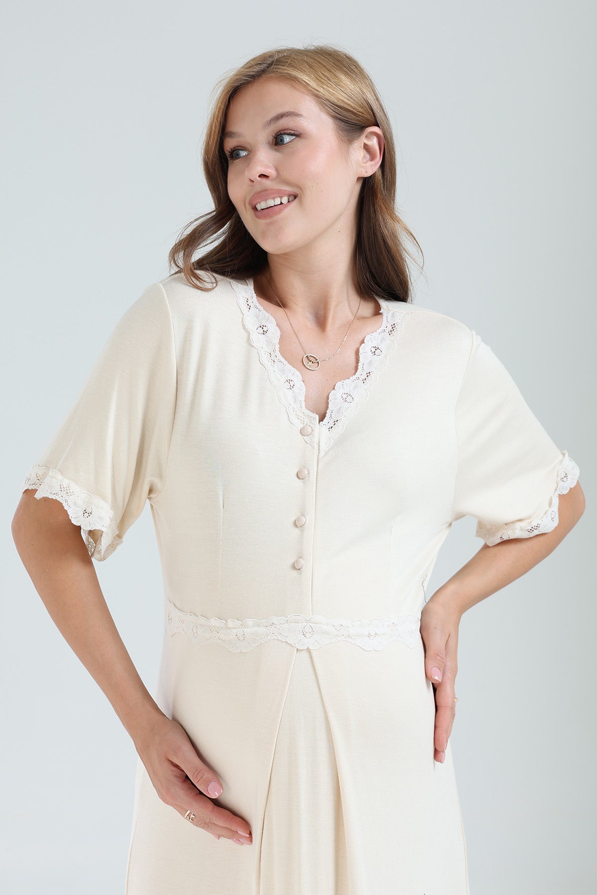 Lacy V-Neck Maternity-Nursing Nightgown & Lacy Chiffon Robe Set Beige - 823