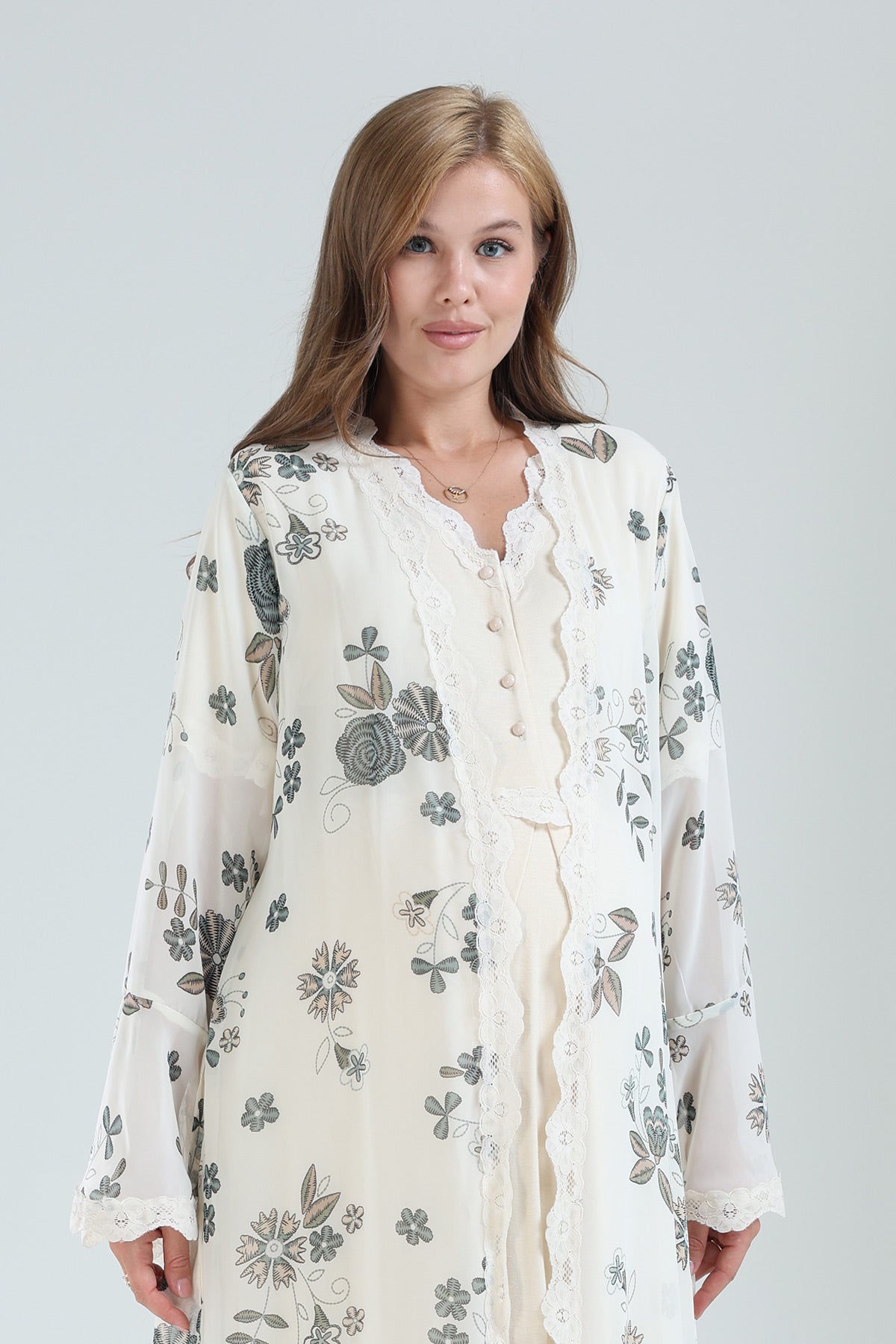 Lacy V-Neck Maternity-Nursing Nightgown & Lacy Chiffon Robe Set Beige - 823