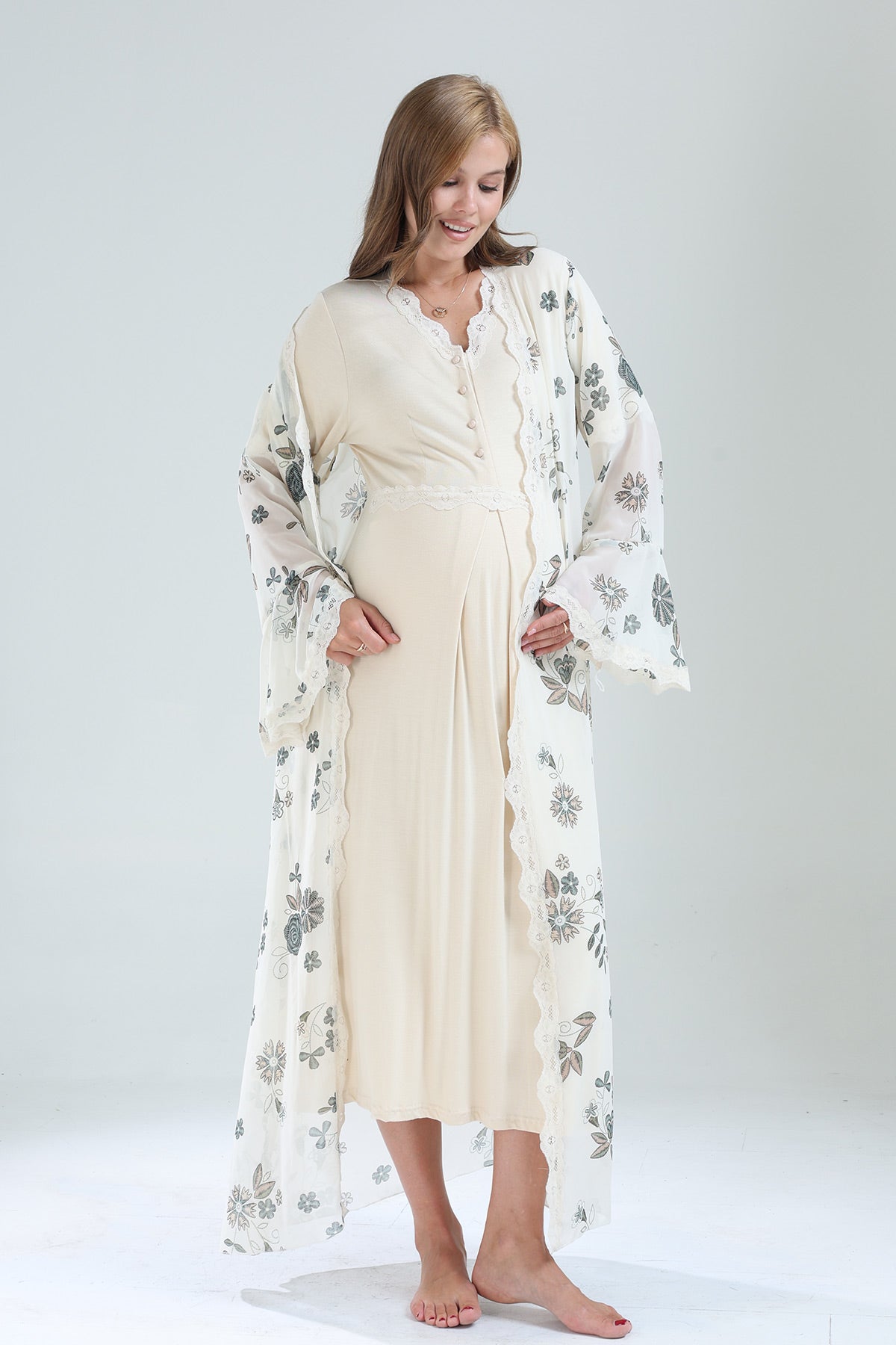 Lacy V-Neck Maternity-Nursing Nightgown & Lacy Chiffon Robe Set Beige - 823