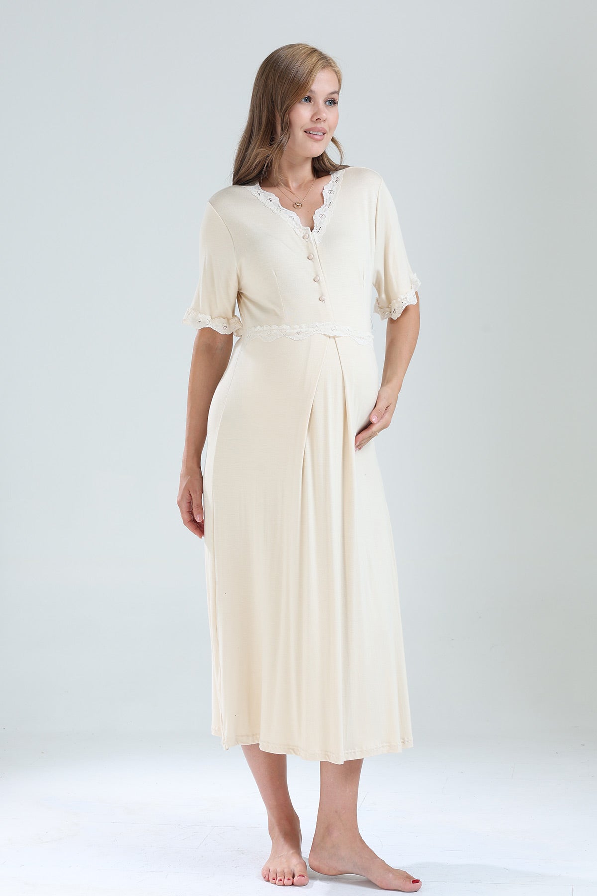 Lacy V-Neck Maternity-Nursing Nightgown & Lacy Chiffon Robe Set Beige - 823