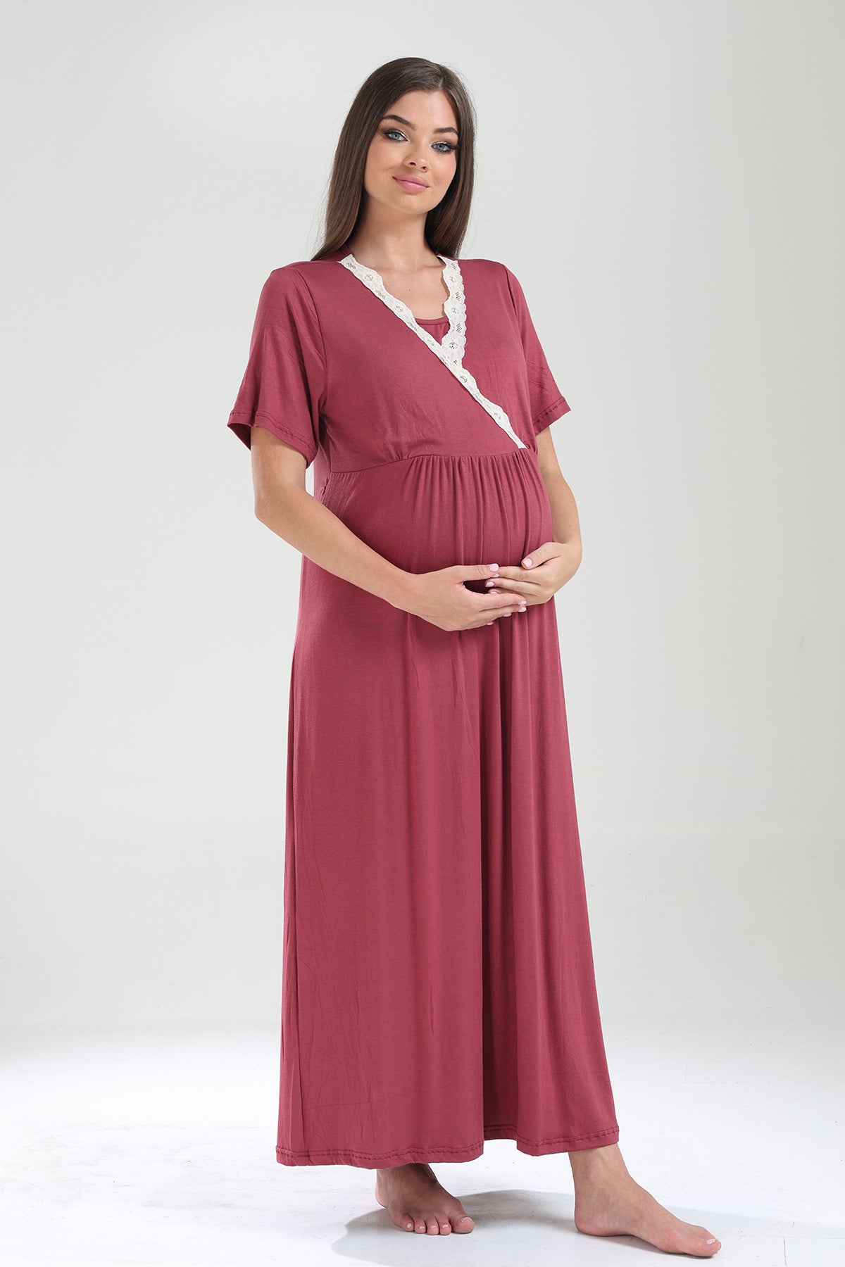 Lacy Double Breasted Maternity-Nursing Nightgown & Lacy Chiffon Robe Set Plum - 825
