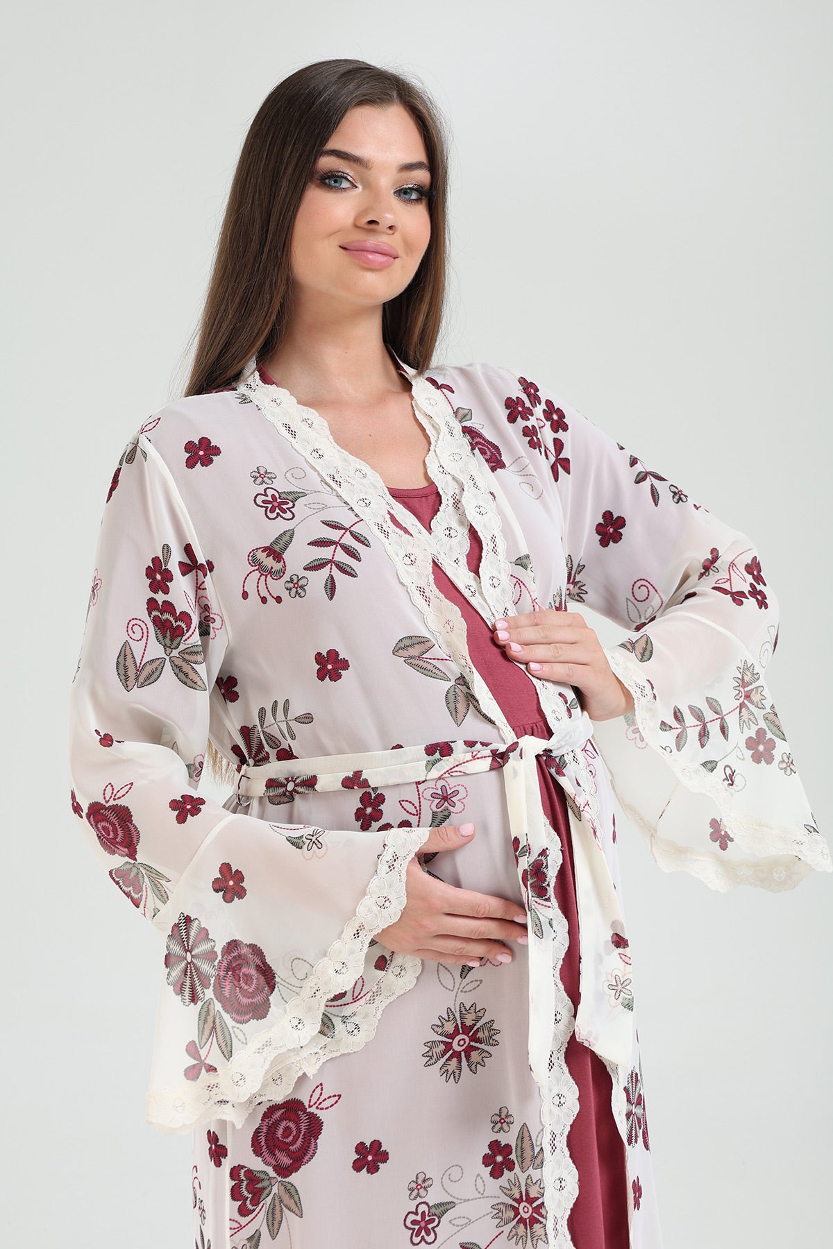 Lacy Double Breasted Maternity-Nursing Nightgown & Lacy Chiffon Robe Set Plum - 825