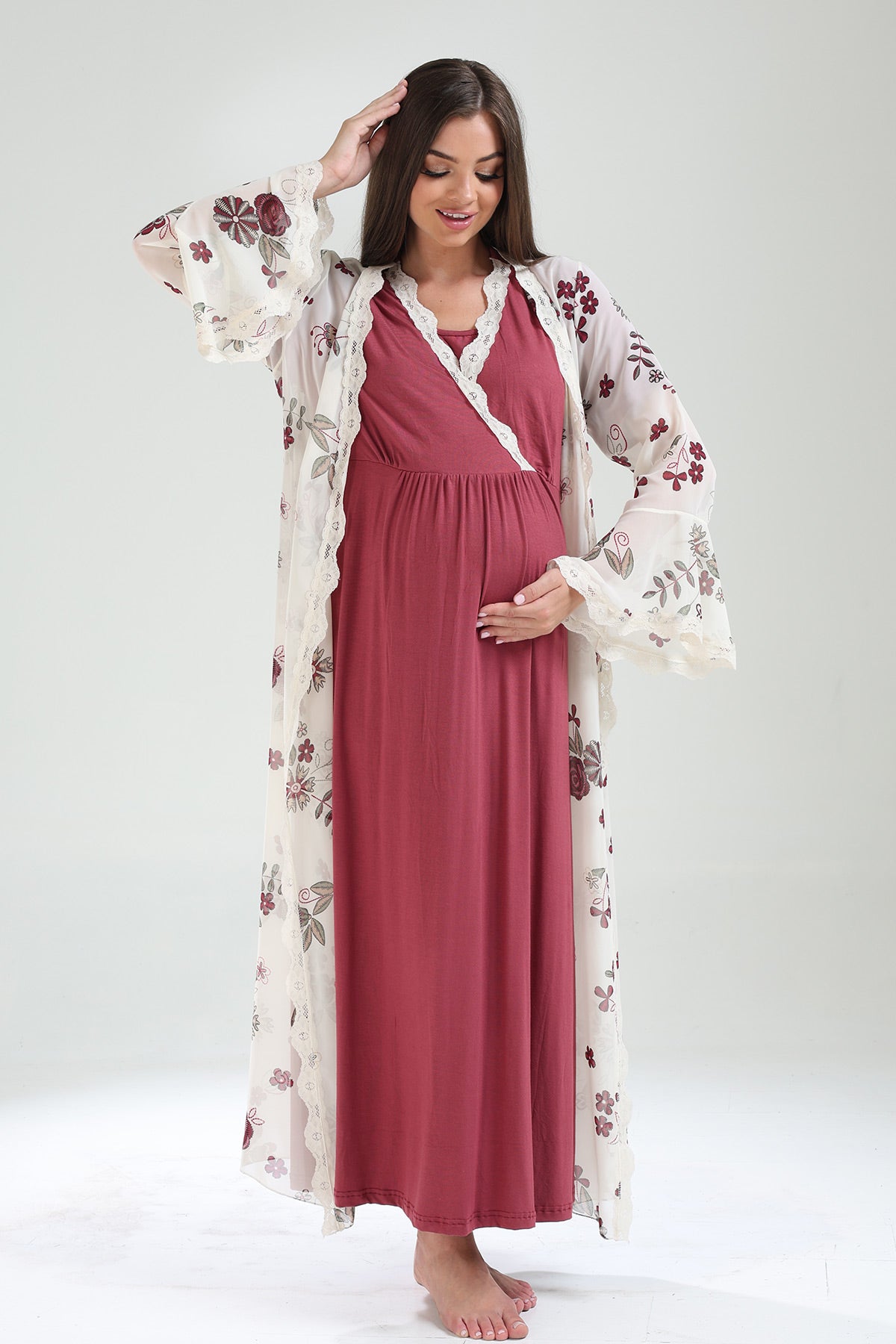 Lacy Double Breasted Maternity-Nursing Nightgown & Lacy Chiffon Robe Set Plum - 825