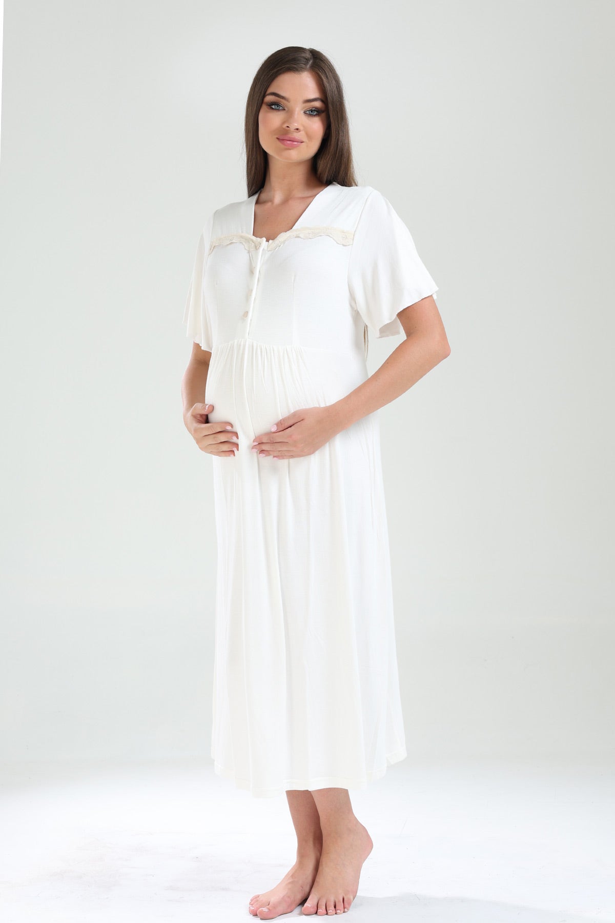 Lace Collar Maternity-Nursing Nightgown & Lacy Chiffon Robe Set Ecru - 827
