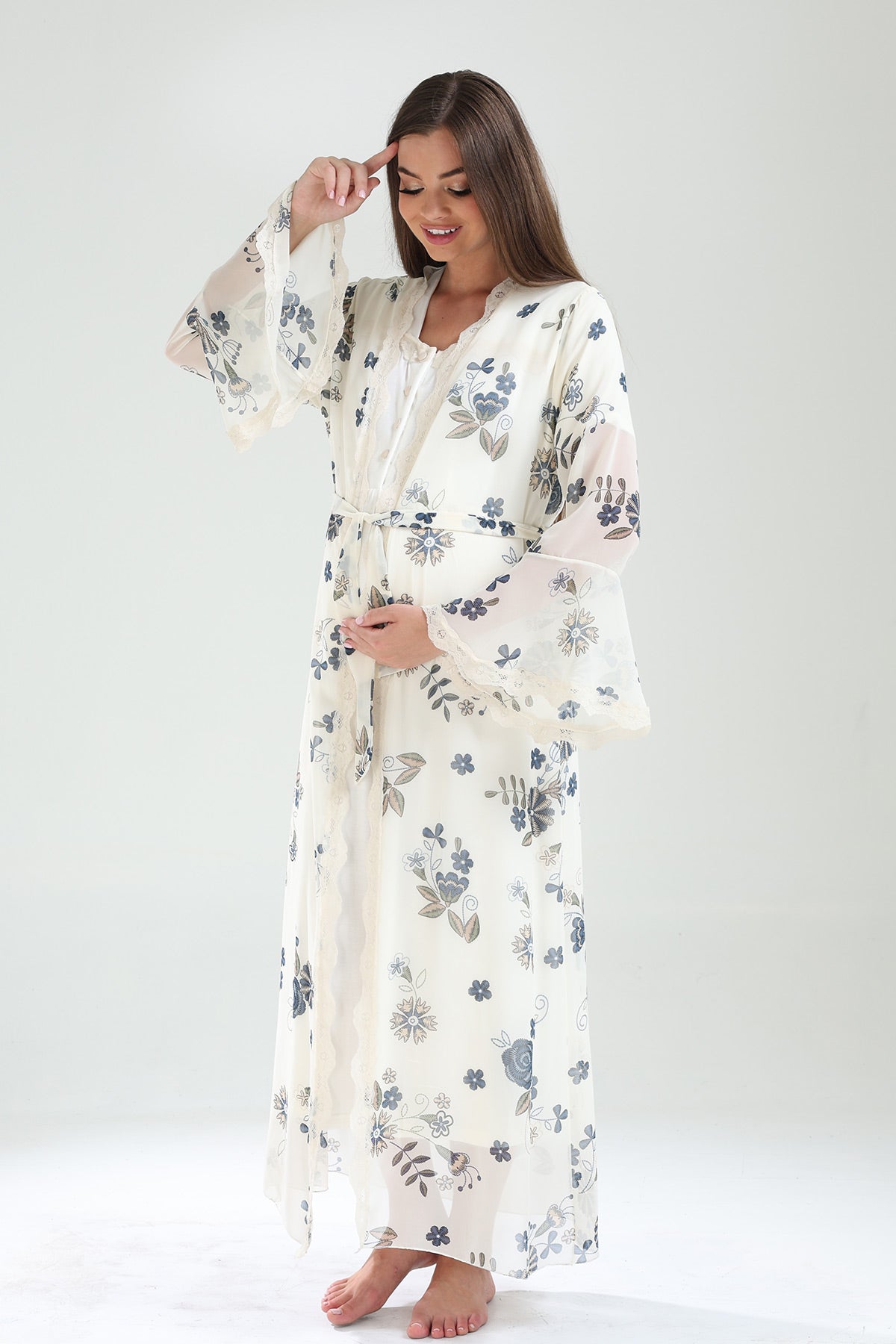 Lace Collar Maternity-Nursing Nightgown & Lacy Chiffon Robe Set Ecru - 827