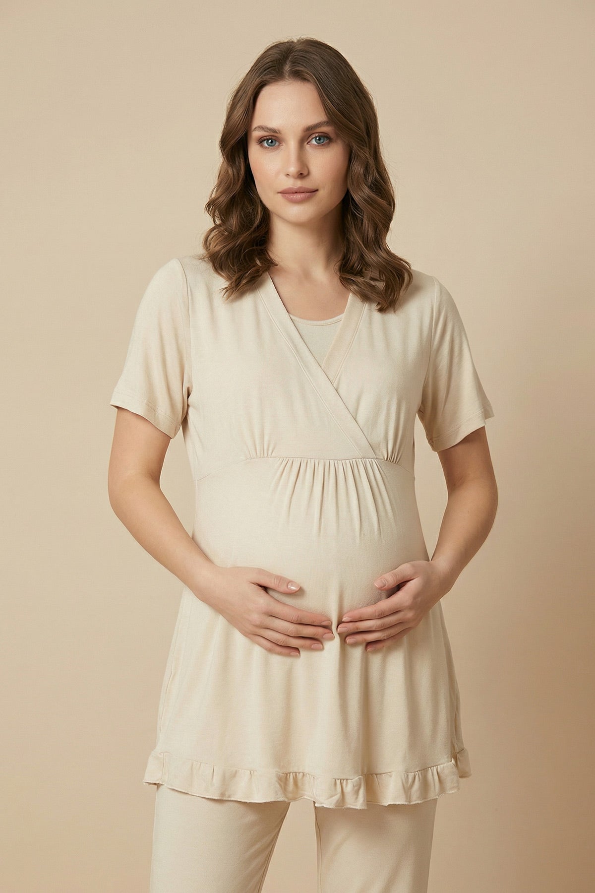 Pleated Double Breasted 3-Piece Maternity-Nursing Pajama & Robe Set Beige - 830