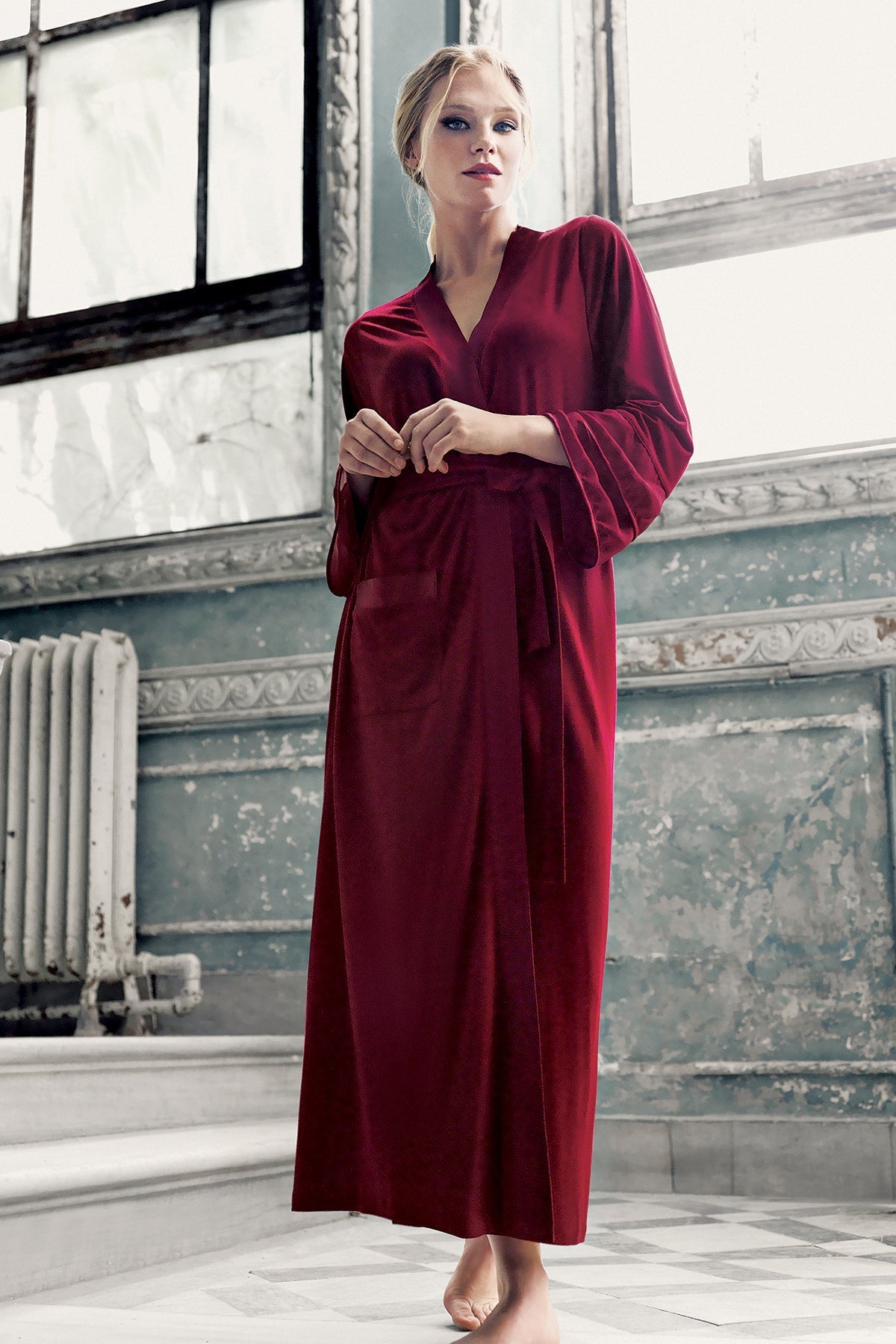 Satin Bias Maternity Robe Claret Red - 8600