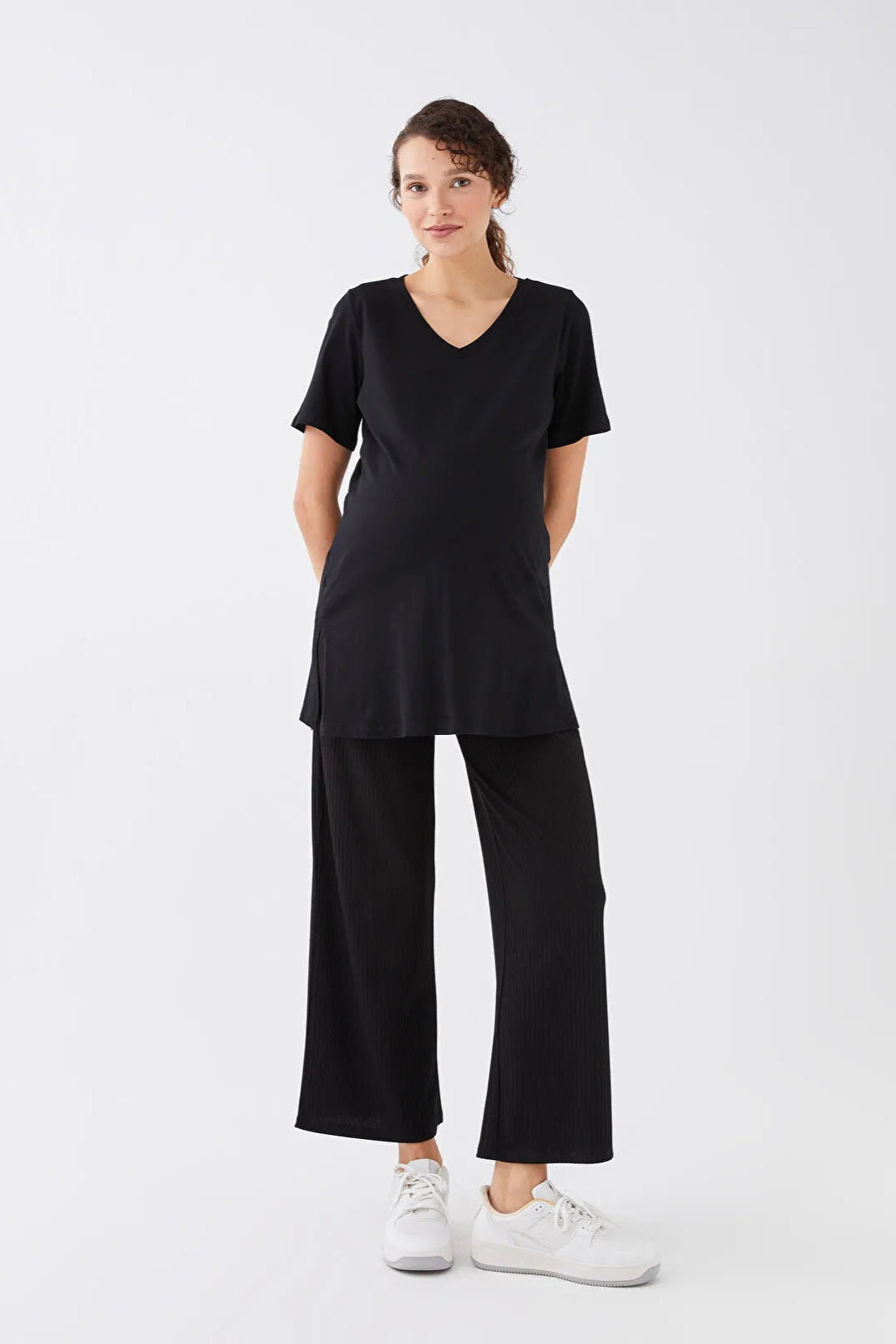 V-Neck Cotton Maternity T-Shirt Black - 8648