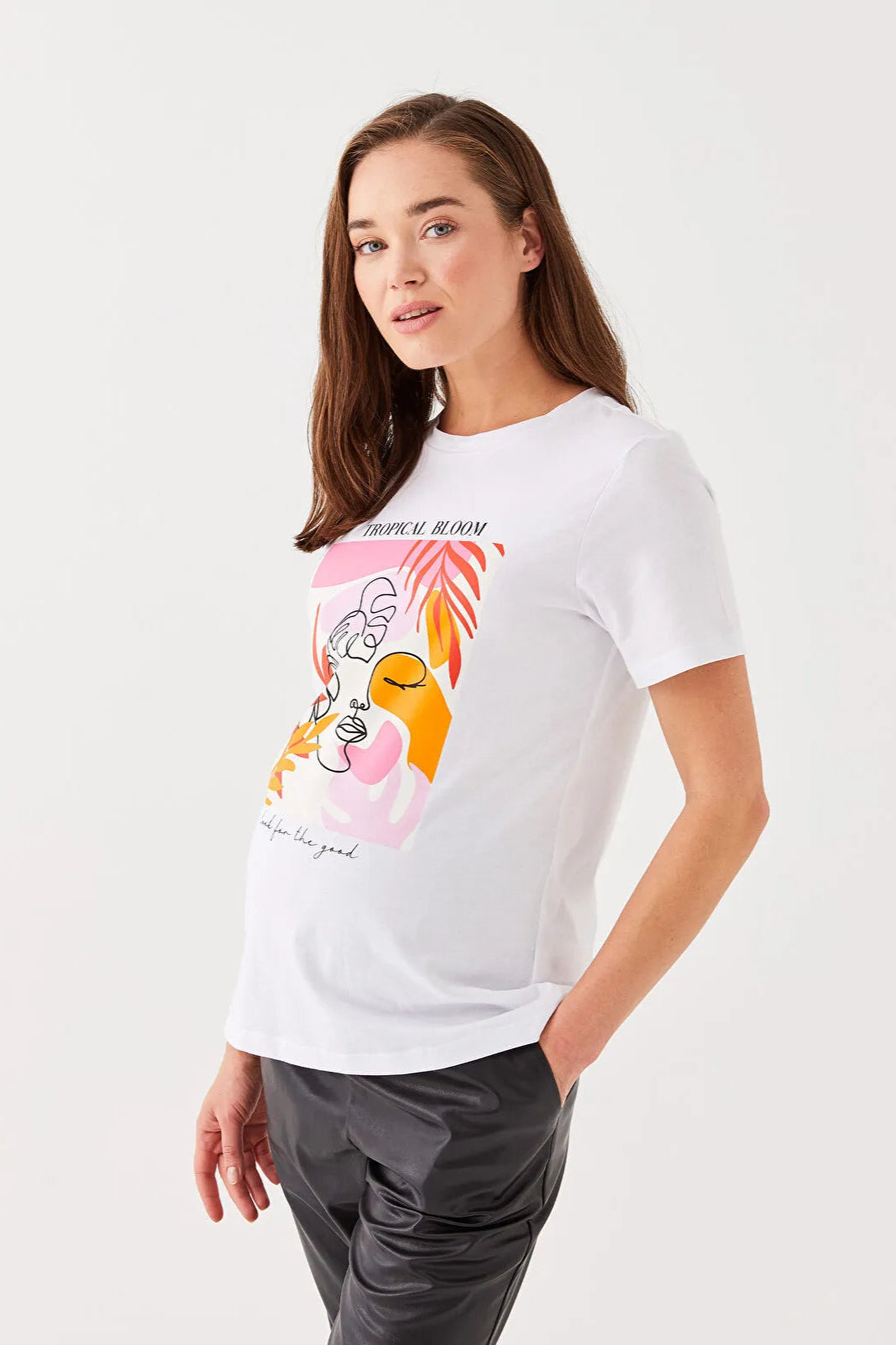 Crew Neck Printed Cotton Maternity T-Shirt White - 8675