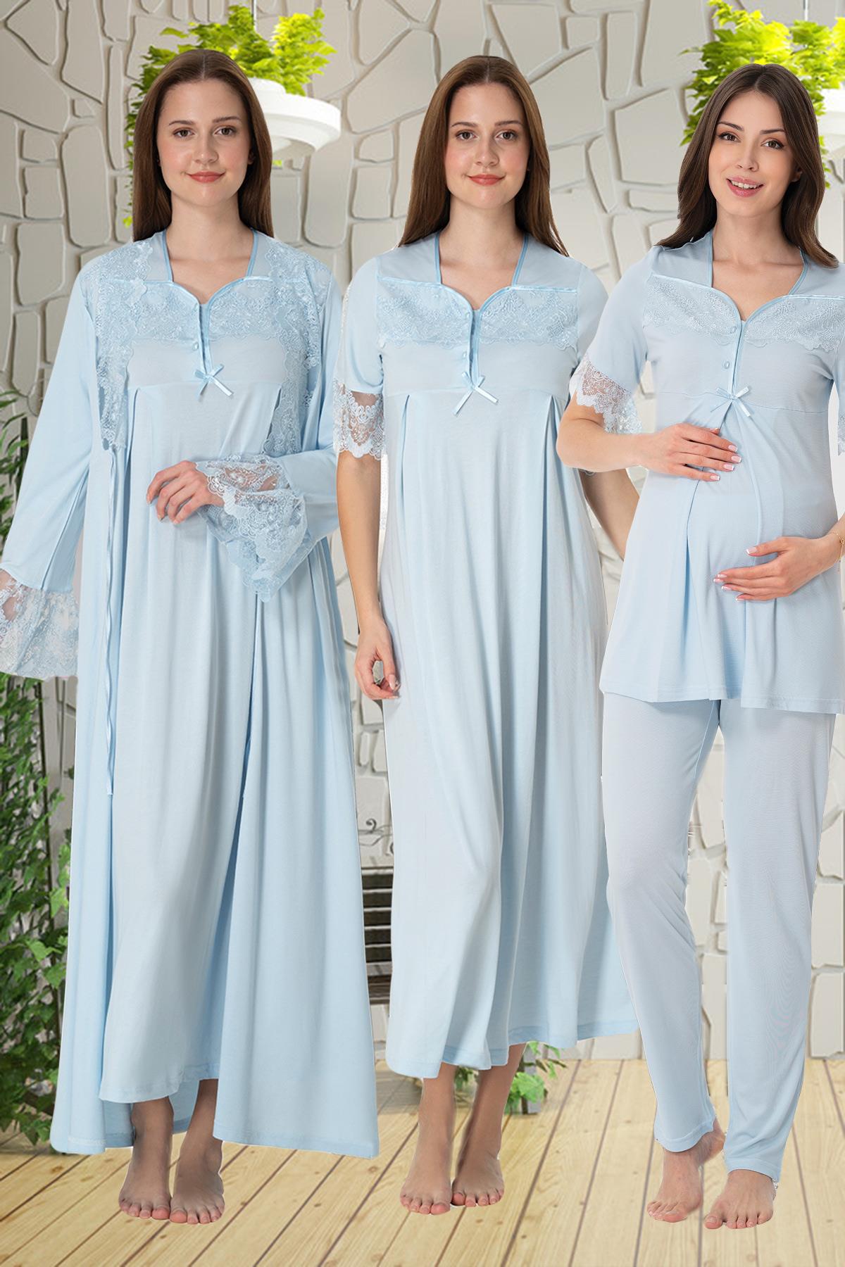 Lace Sleeve Lacy Flywheel Arm 4-Piece Maternity-Nursing Set Blue - 9016