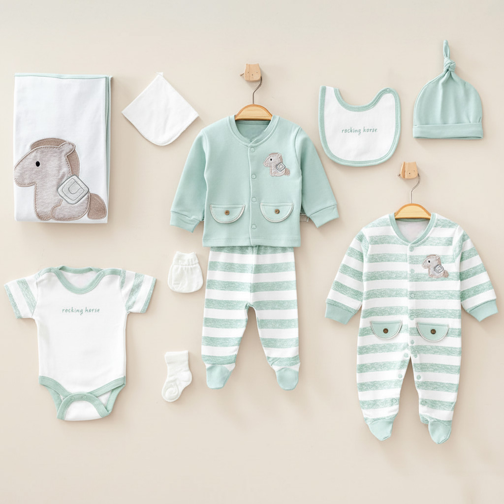Horse Themed Hospital Outfit 10-Piece Set Newborn Baby Boys Green (0-3 Months) - A020.10291