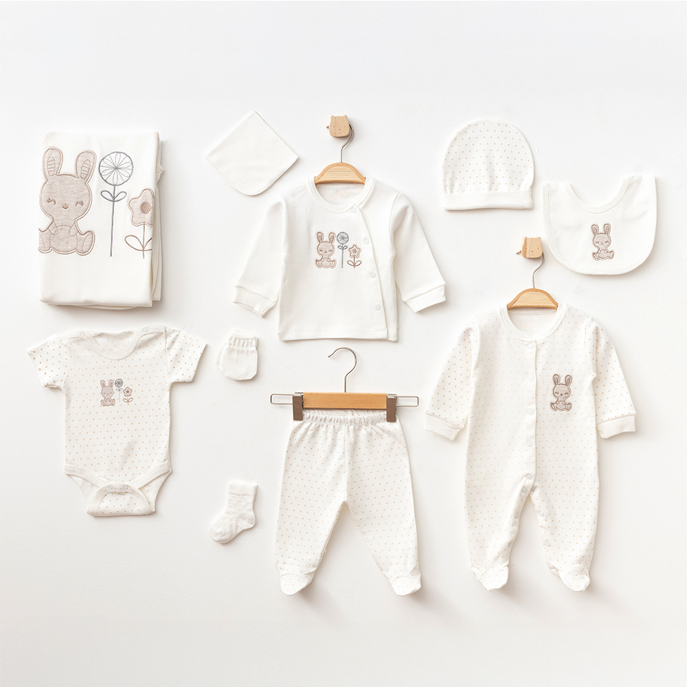 Rabbit Themed Hospital Outfit 10-Piece Set Newborn Baby Ecru (0-3 Months) - A020.10331