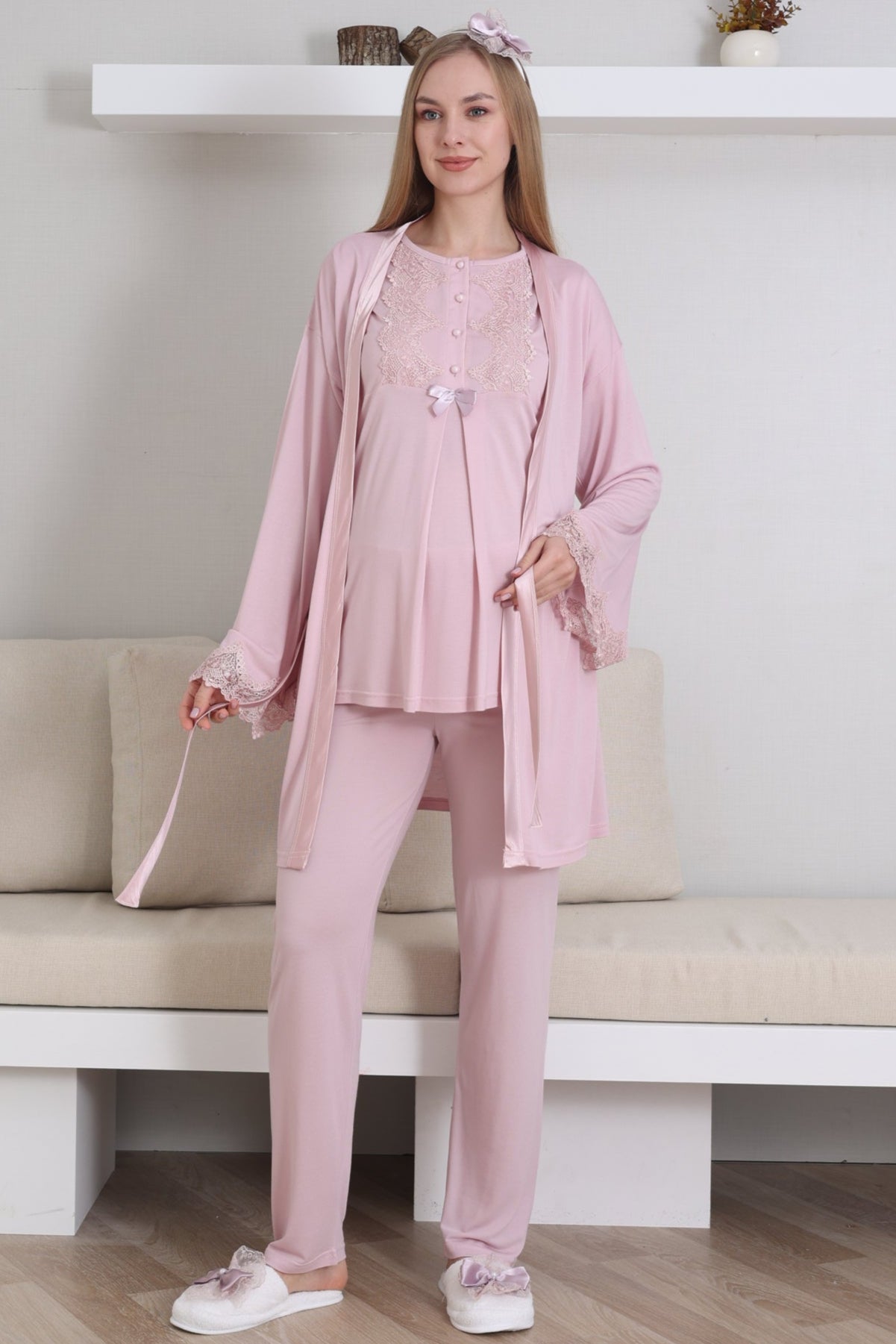 Guipure Collar 3-Piece Maternity-Nursing Pajama & Robe Set Powder - 3433