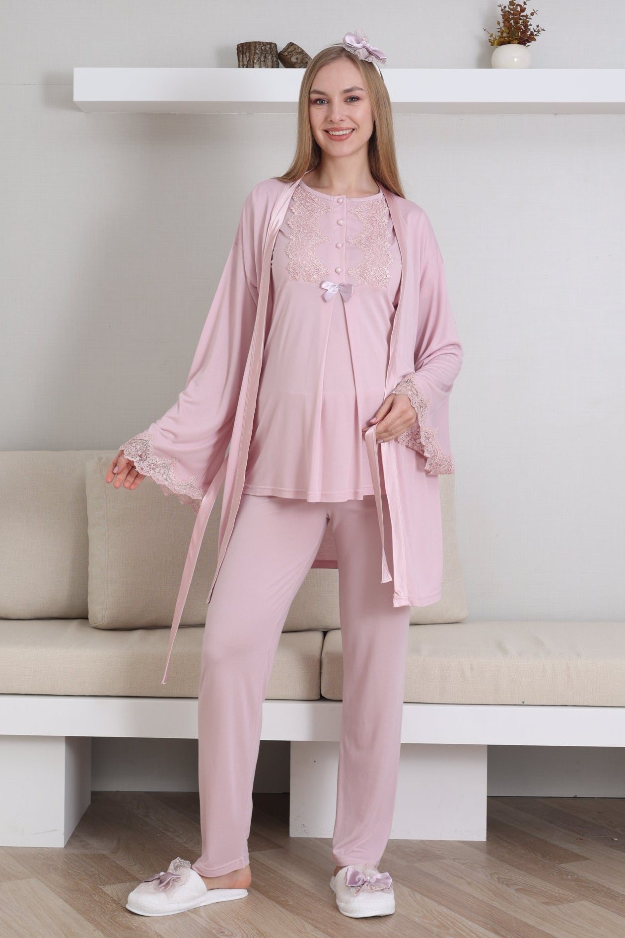 Guipure Collar 3-Piece Maternity-Nursing Pajama & Robe Set Powder - 3433