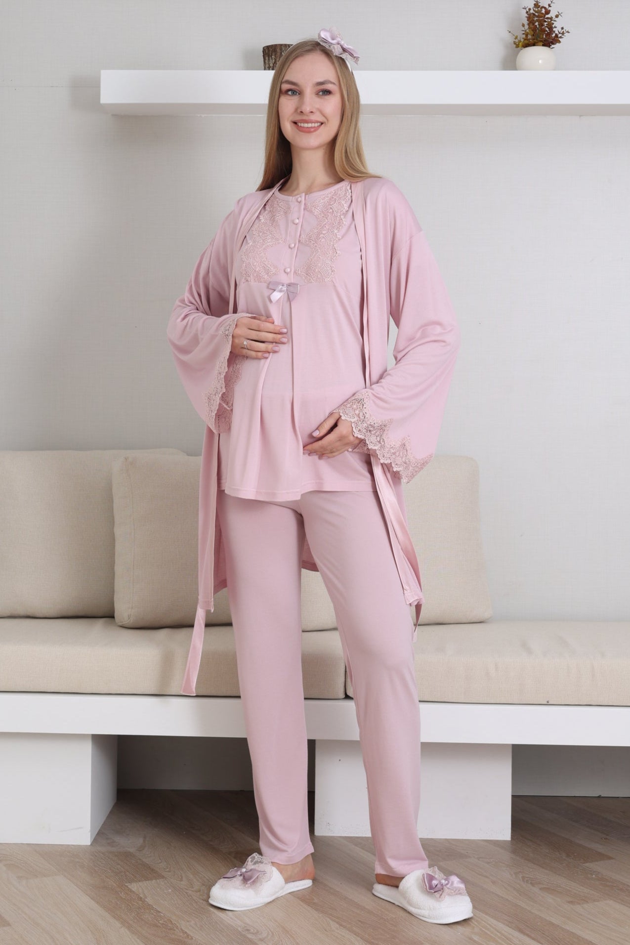 Guipure Collar 3-Piece Maternity-Nursing Pajama & Robe Set Powder - 3433