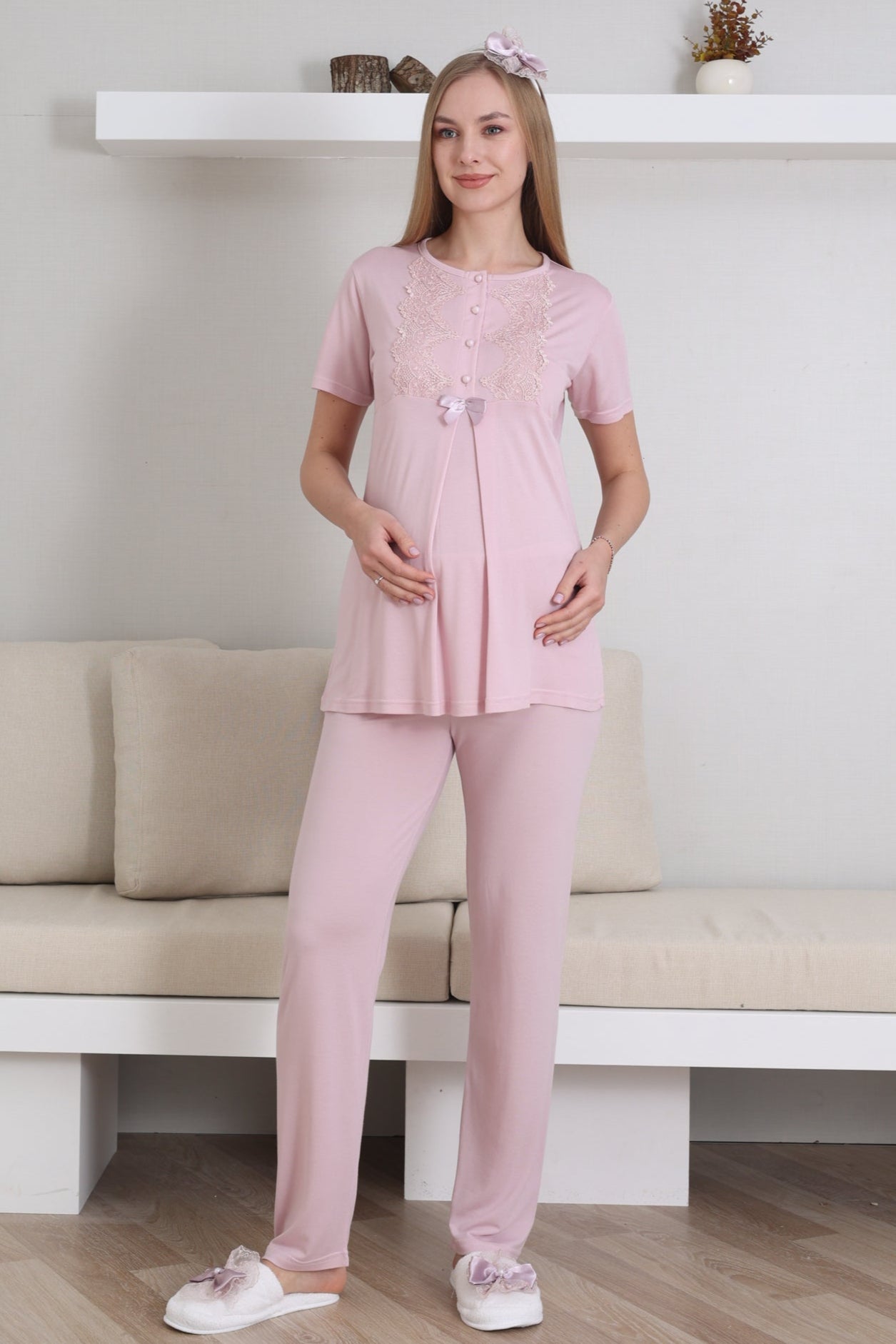 Guipure Collar 3-Piece Maternity-Nursing Pajama & Robe Set Powder - 3433
