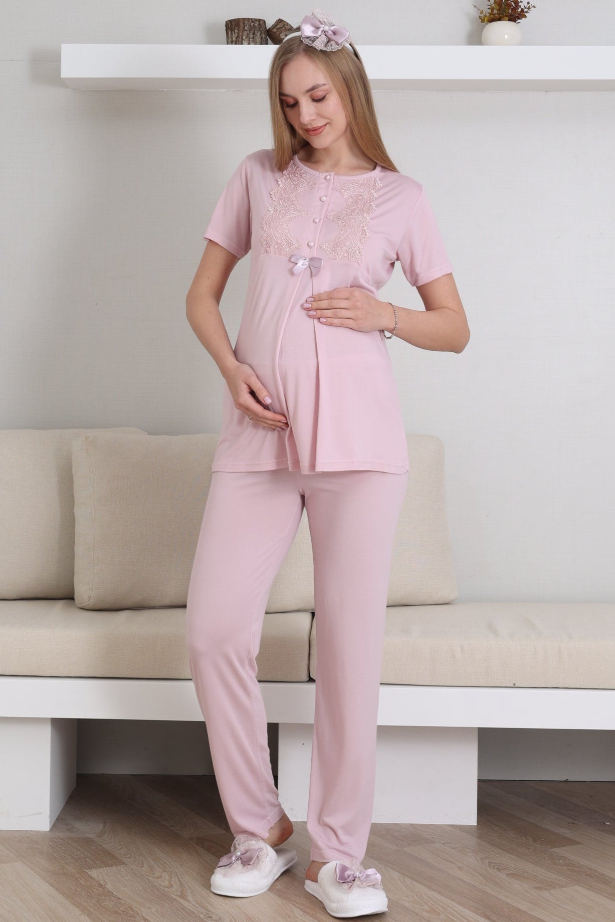 Guipure Collar 3-Piece Maternity-Nursing Pajama & Robe Set Powder - 3433