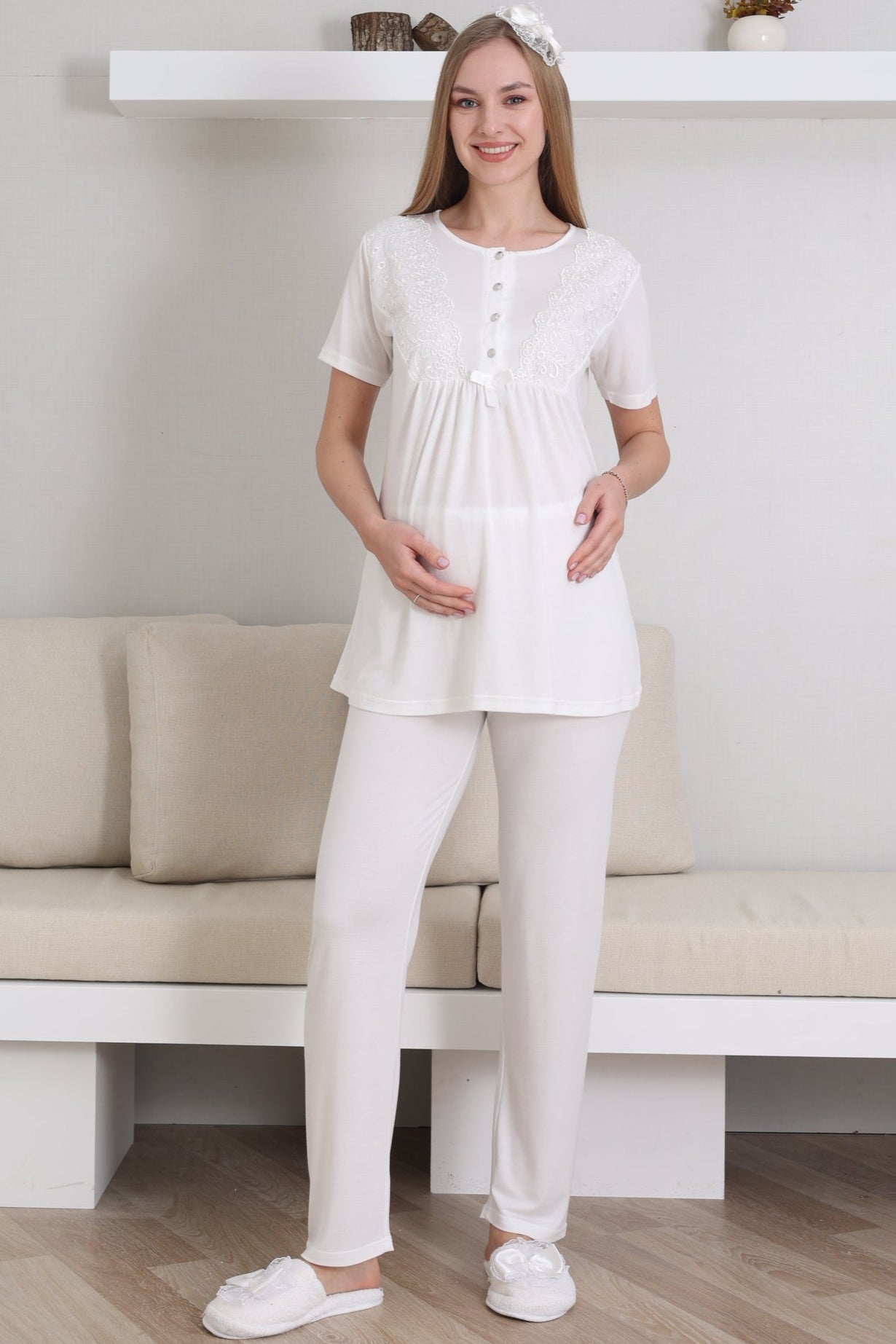 Lace Sleeve 3-Piece Maternity-Nursing Pajama & Robe Set Ecru - 3434
