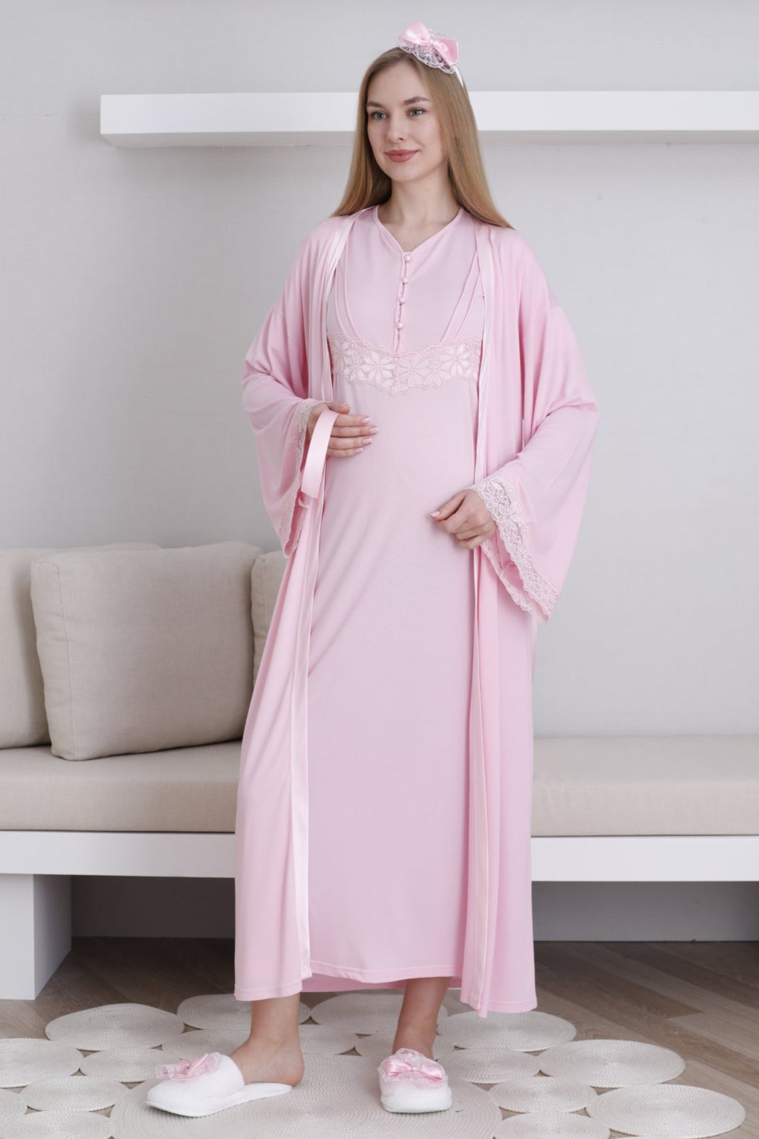Lace Sleeve Maternity-Nursing Nightgown & Robe Set Pink - 2293