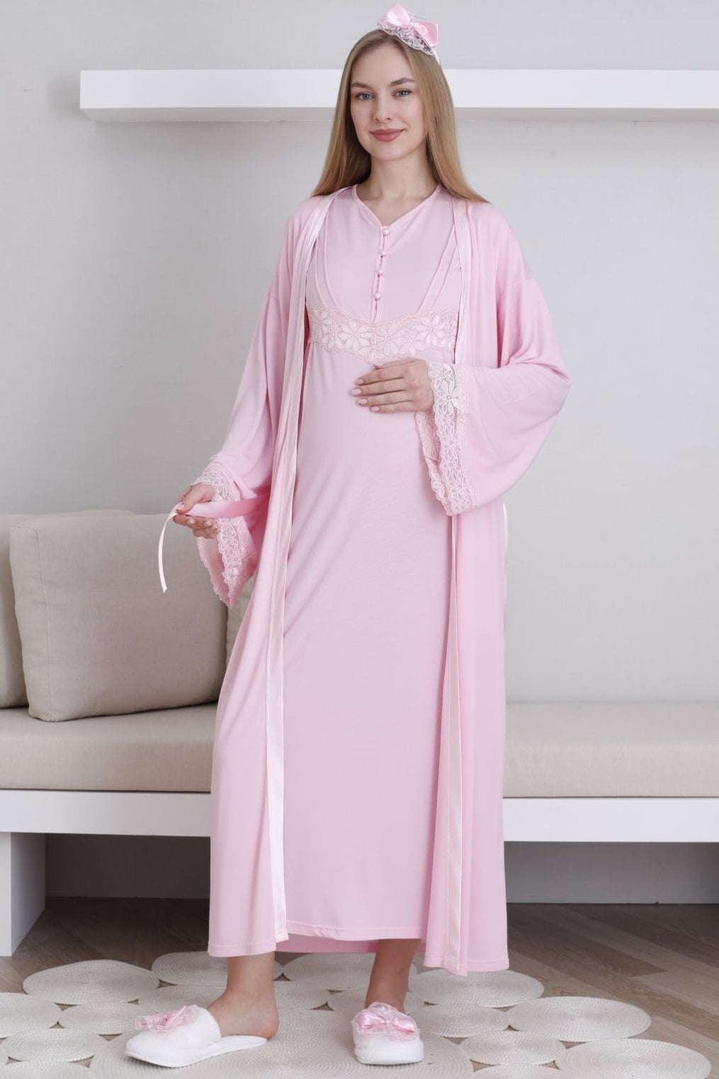 Lace Sleeve Maternity-Nursing Nightgown & Robe Set Pink - 2293