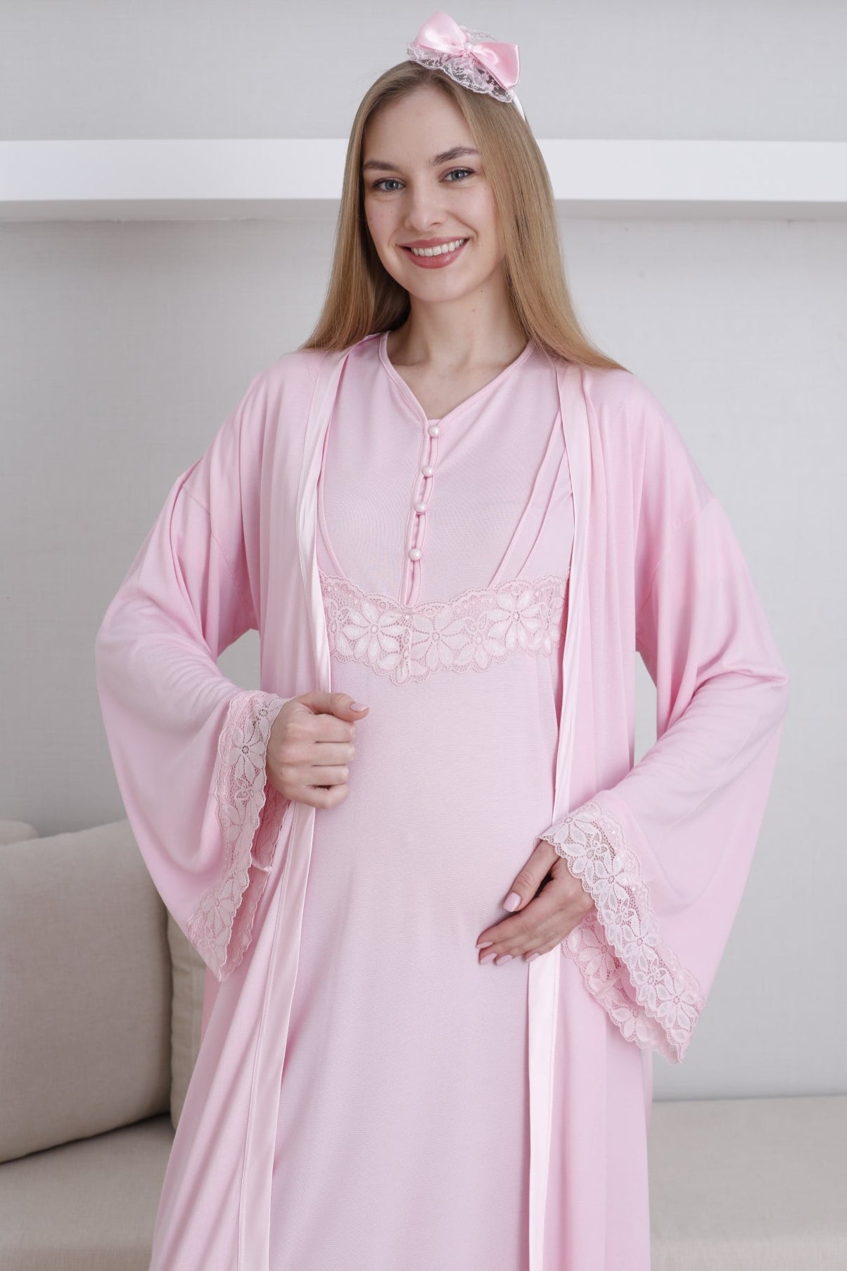 Lace Sleeve Maternity-Nursing Nightgown & Robe Set Pink - 2293