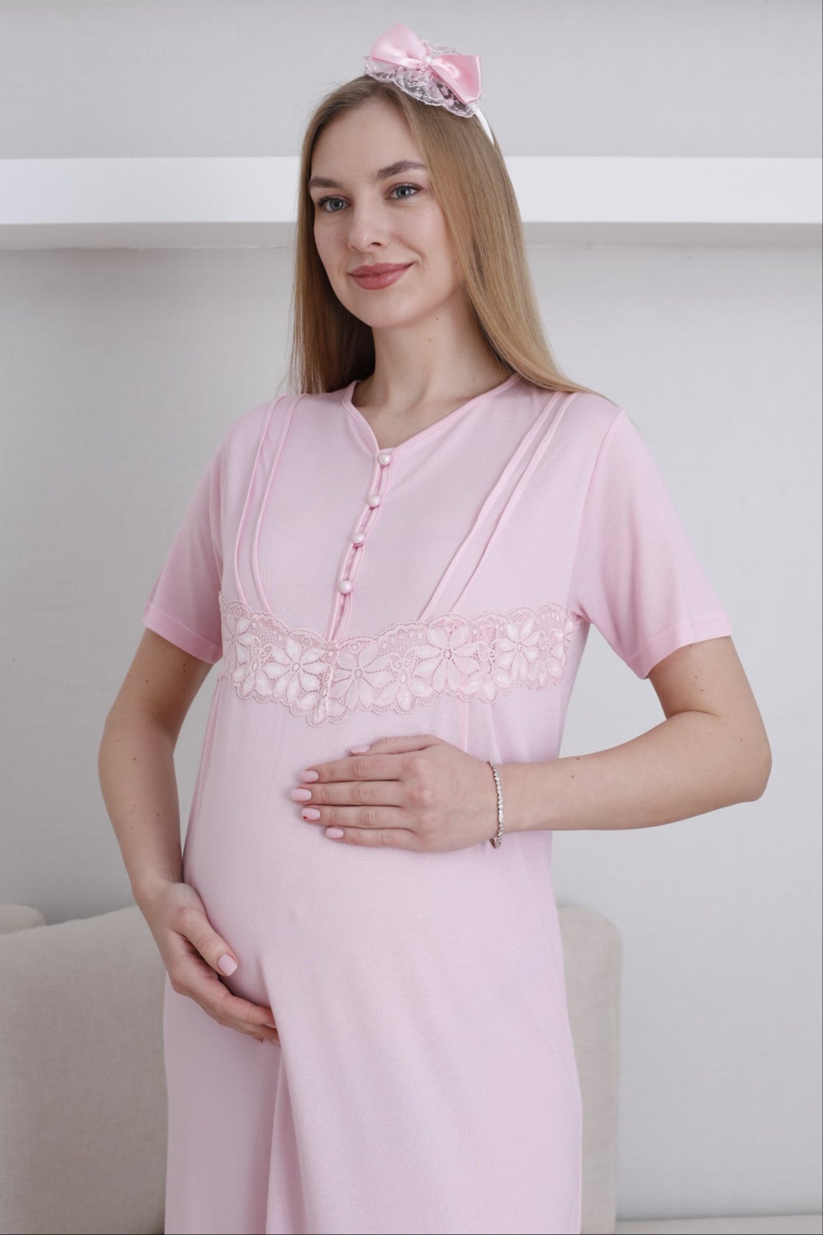 Lace Sleeve Maternity-Nursing Nightgown & Robe Set Pink - 2293