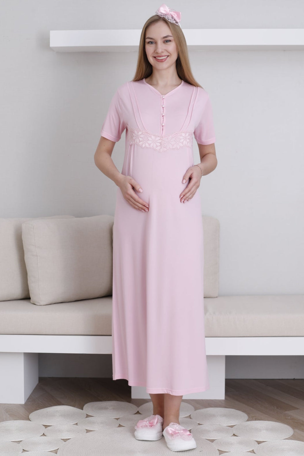 Lace Sleeve Maternity-Nursing Nightgown & Robe Set Pink - 2293