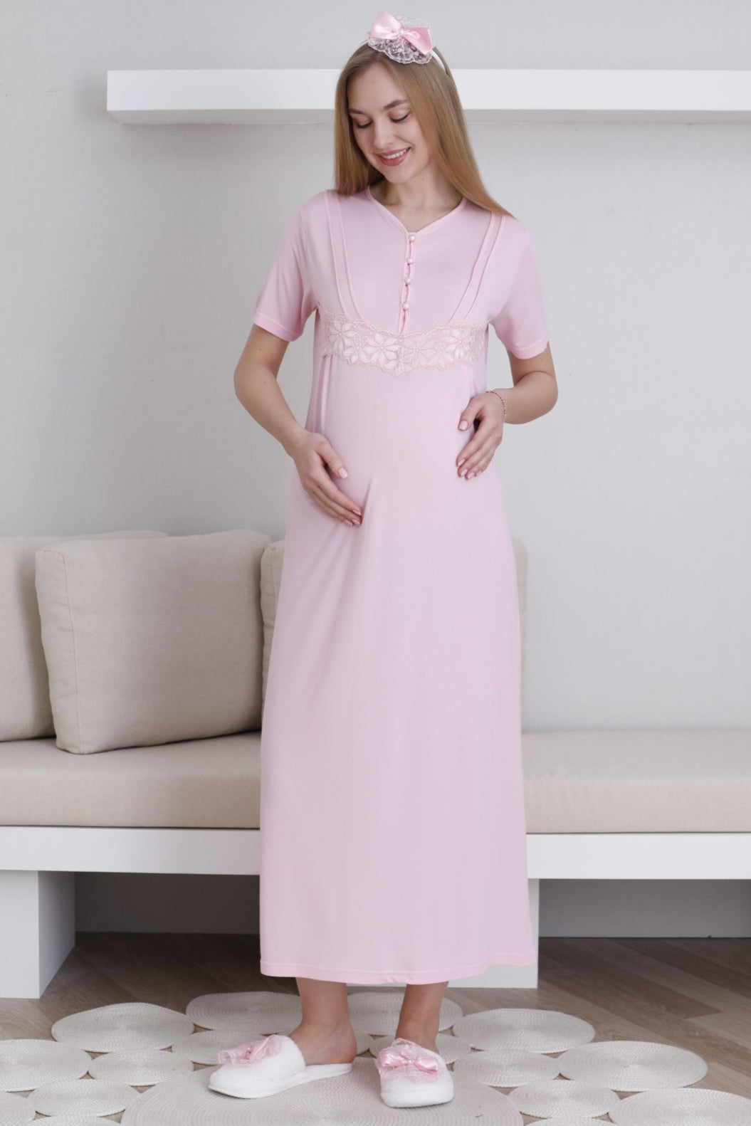 Lace Sleeve Maternity-Nursing Nightgown & Robe Set Pink - 2293