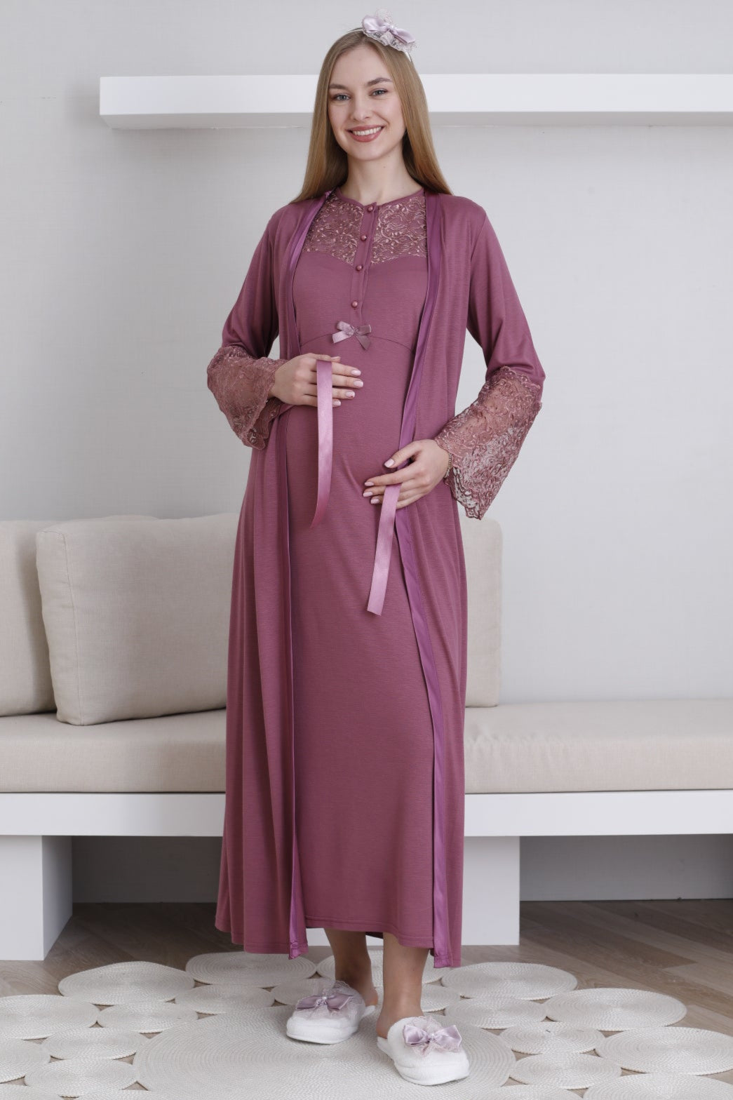 Lace Collar Maternity-Nursing Nightgown & Lace Sleeve Robe Set Cherry - 2296