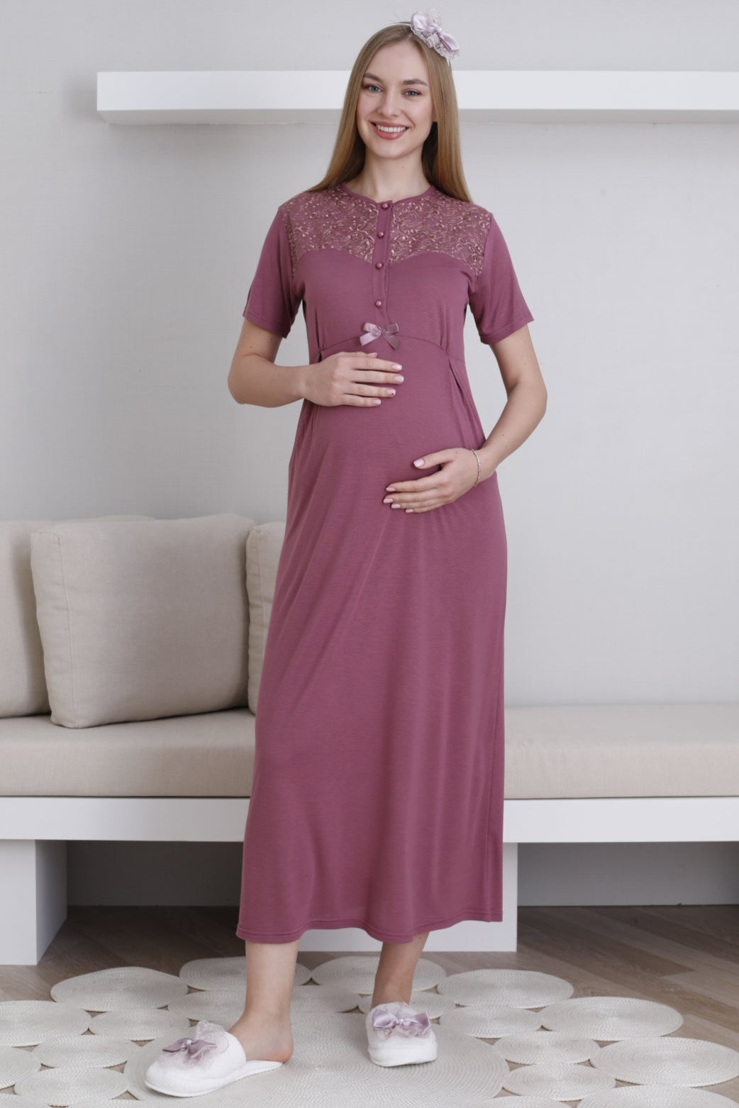 Lace Collar Maternity-Nursing Nightgown & Lace Sleeve Robe Set Cherry - 2296