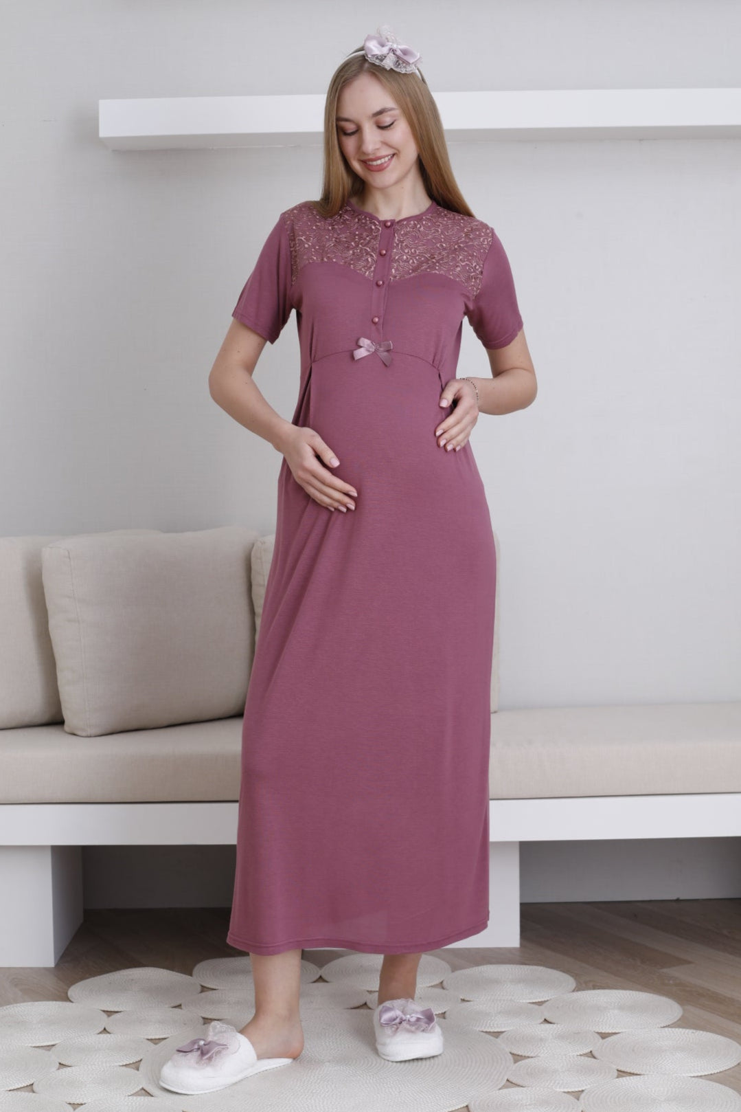 Lace Collar Maternity-Nursing Nightgown & Lace Sleeve Robe Set Cherry - 2296