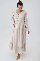 Linen Buttoned Maternity & Nursing Nightgown Beige - K104