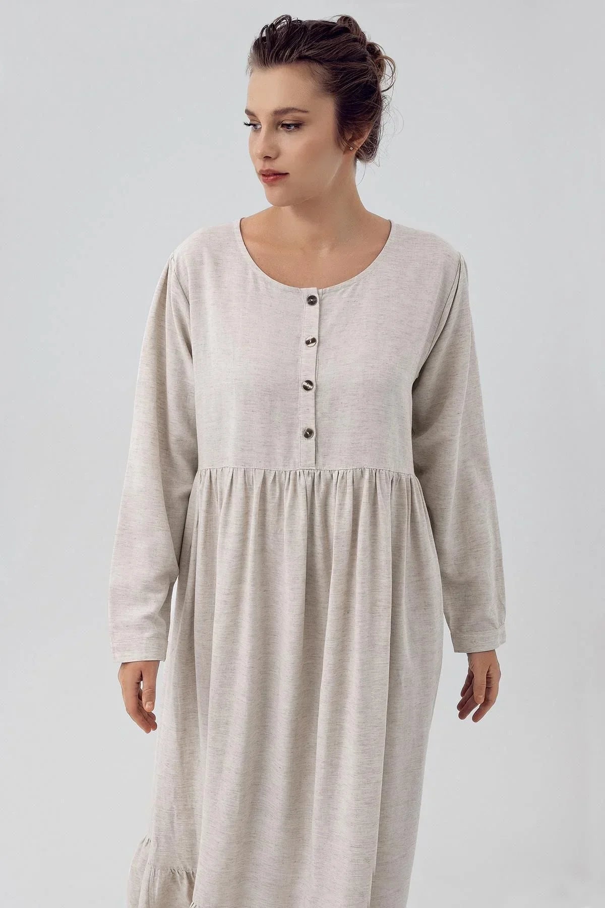 Linen Buttoned Maternity & Nursing Nightgown Beige - K104