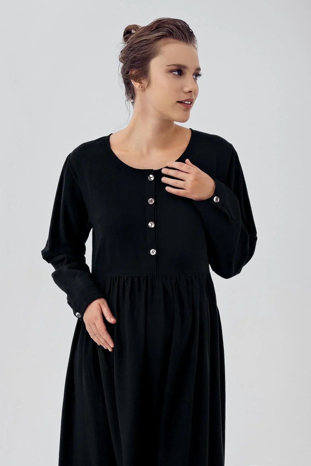 Linen Buttoned Maternity & Nursing Nightgown Black - K104