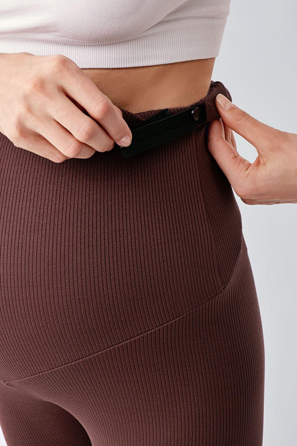 Ribbed Thermal Fleece-Lined Adjustable Waist Maternity Leggings Coffee - LF9206