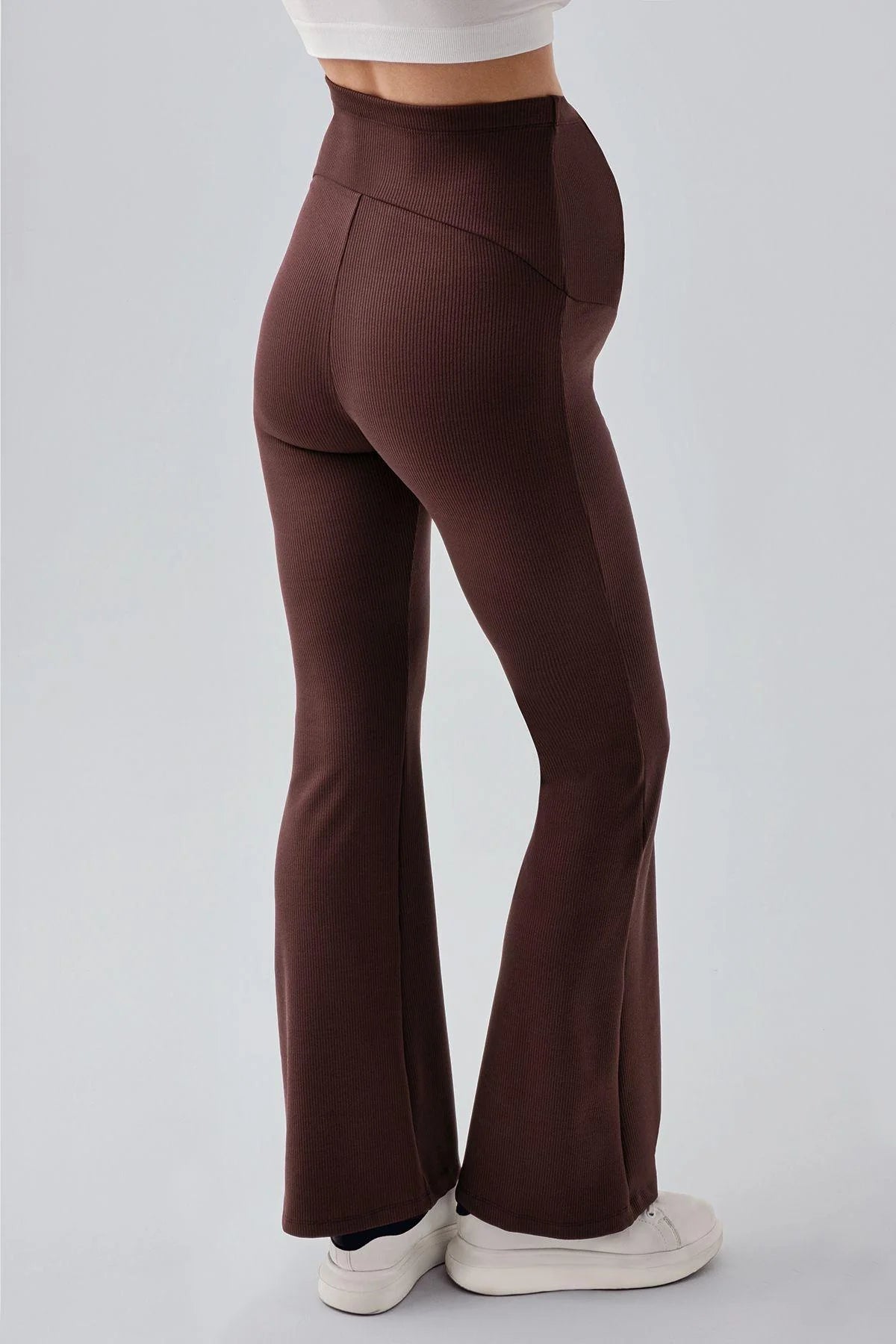 Ribbed Thermal Fleece-Lined Warm Adjustable Waist Winter Flared Maternity Leggings Coffee - LF9215