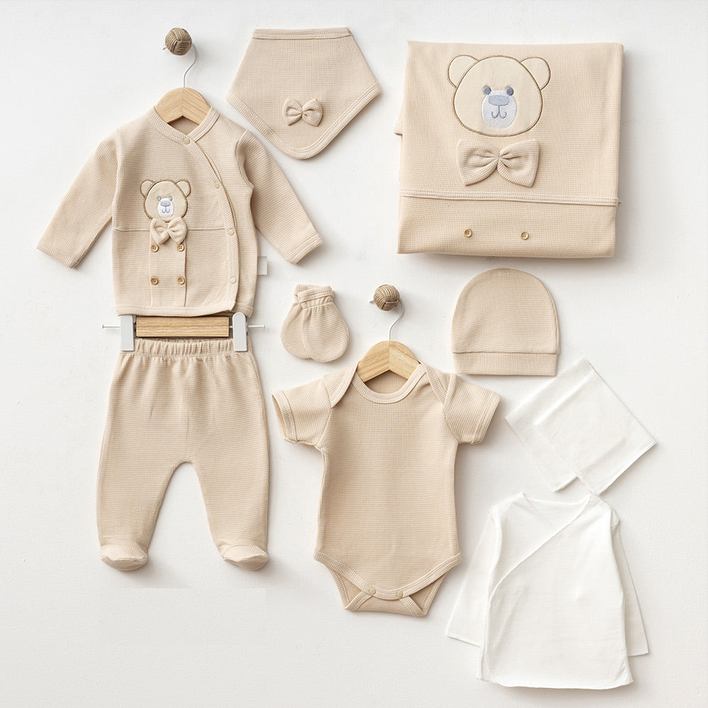 Bow Tie Teddy Bear Themed Hospital Outfit 10-Piece Set Newborn Baby Boy Beige (0-3 Months) - S001.2105