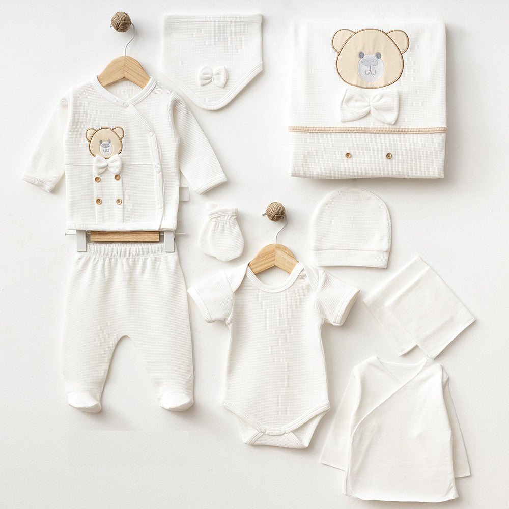 Bow Tie Teddy Bear Themed Hospital Outfit 10-Piece Set Newborn Baby Boy Ecru (0-3 Months) - S001.2105