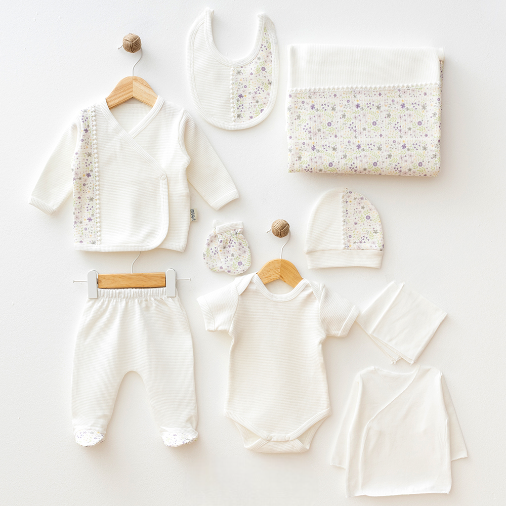 Flower Themed Waffle Hospital Outfit 10-Piece Set Newborn Baby Ecru (0-3 Months) - S001.2106.10