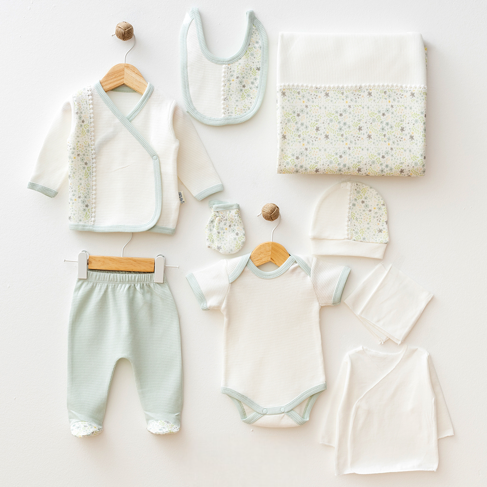 Flower Themed Waffle Hospital Outfit 10-Piece Set Newborn Baby Mint (0-3 Months) - S001.2106.11