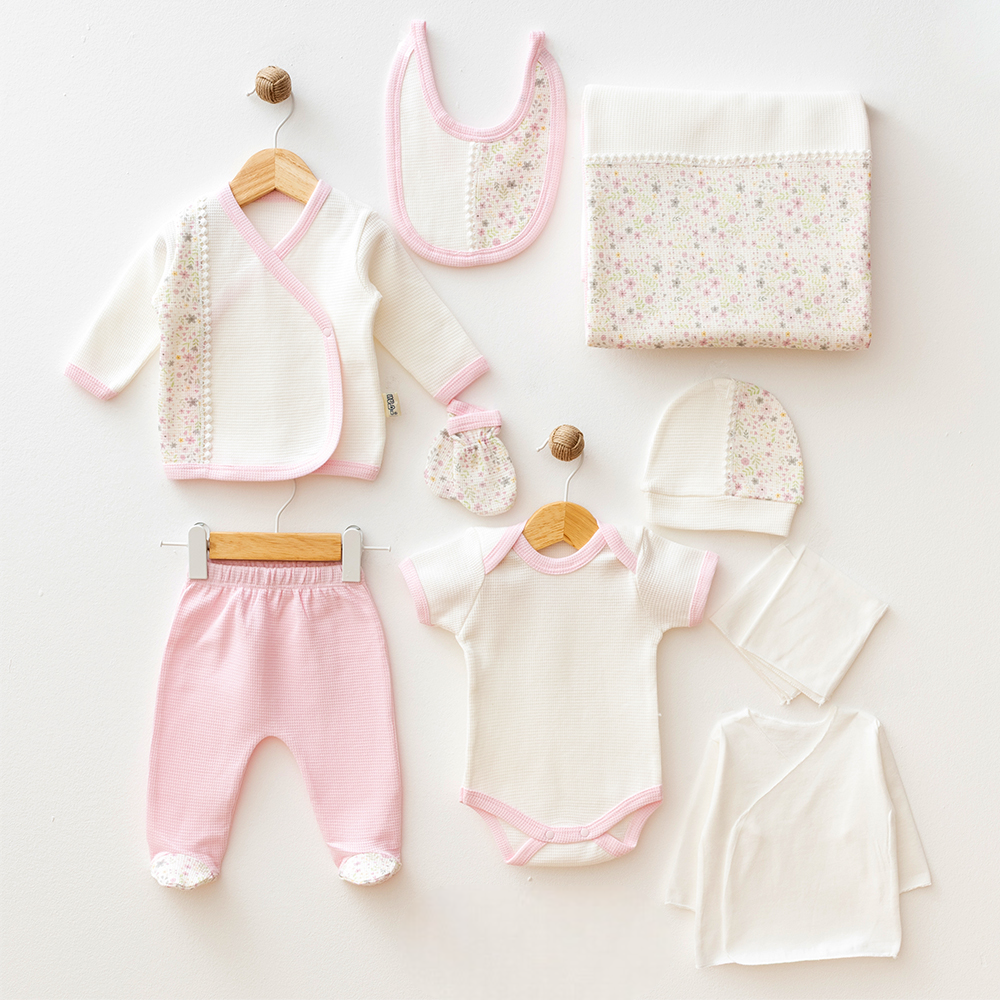 Flower Themed Waffle Hospital Outfit 10-Piece Set Newborn Baby Pink (0-3 Months) - S001.2106.2